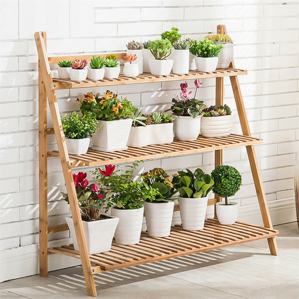 3 Tier Bamboo Ladder-style Flower Plant Stand Storage Display Shelf Home Garden