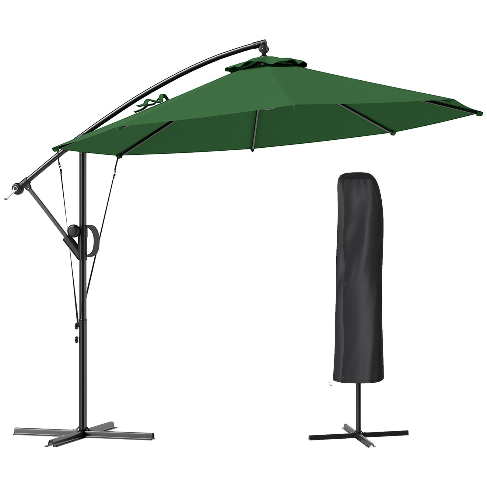 Outsunny 3(m) Cantilever Banana Parasol with Cover Wind Strap UPF50+Green