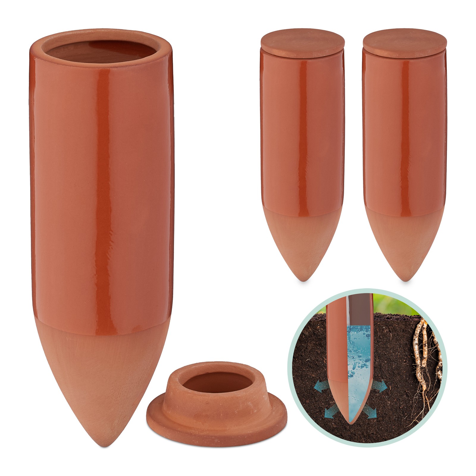 Clay Watering Stakes Cones Plant Waterers Lid Spikes Garden Ceramic Set of 3