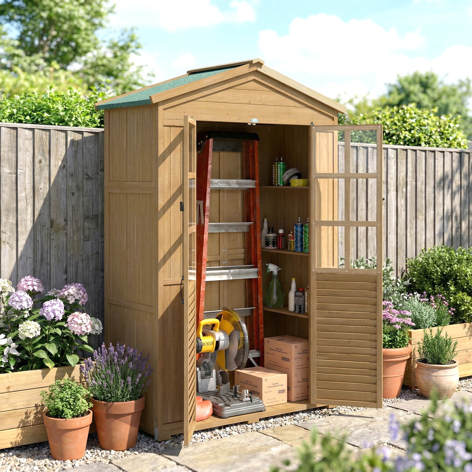 Wooden Small Shed, Garden Tool Shed with Shelves and Acrylic Windows Light Brown