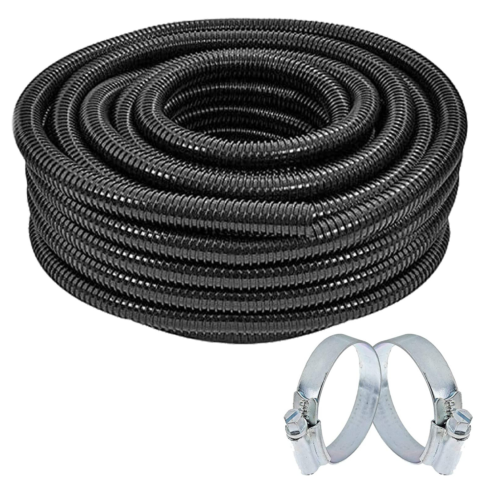 Pond Hose Flexible Marine Filter Pipe Corrugated + 2 Clamp Clips (51mm Dia, 5m)