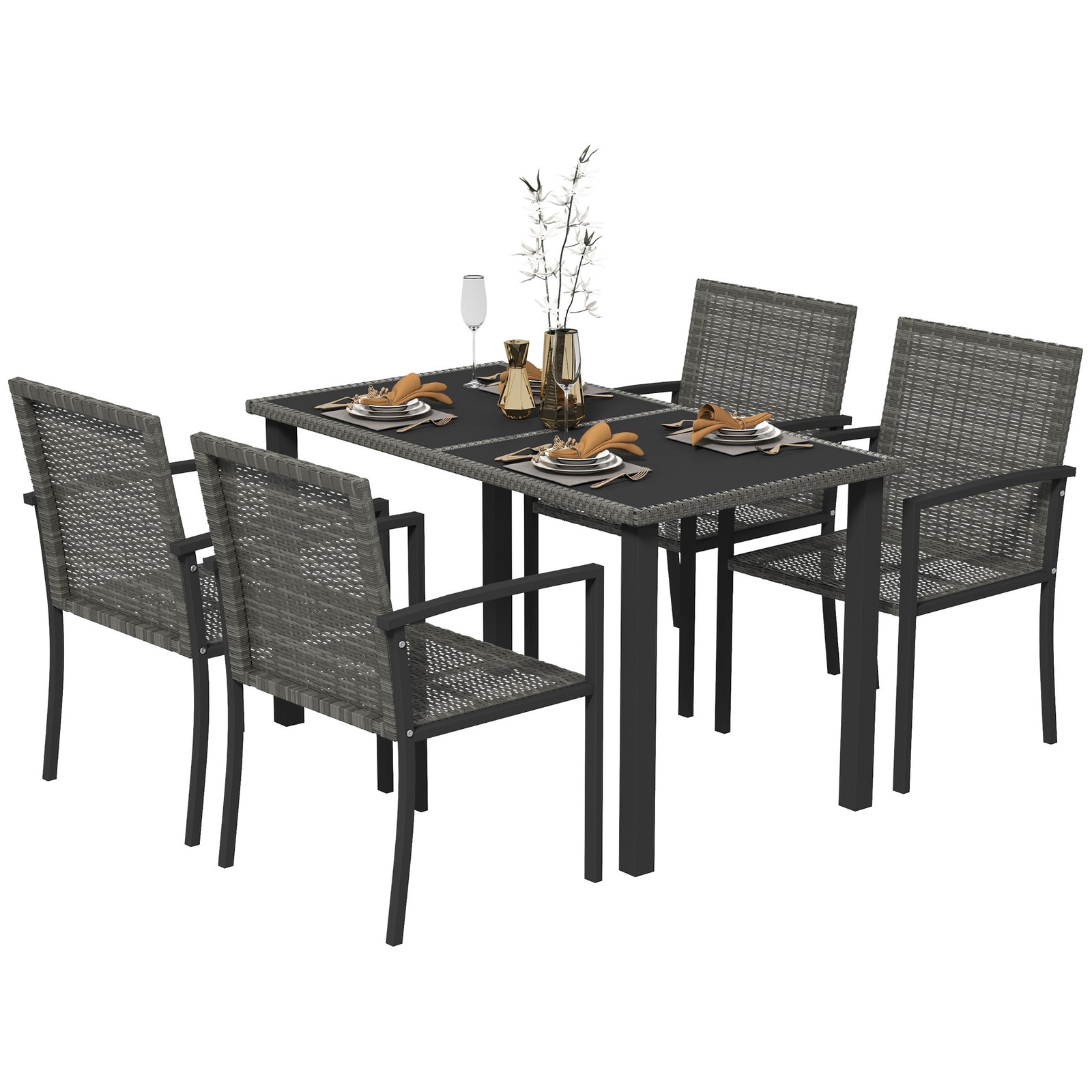 Outsunny Rattan Garden Furniture for 4, Dining Table and Chairs, Grey