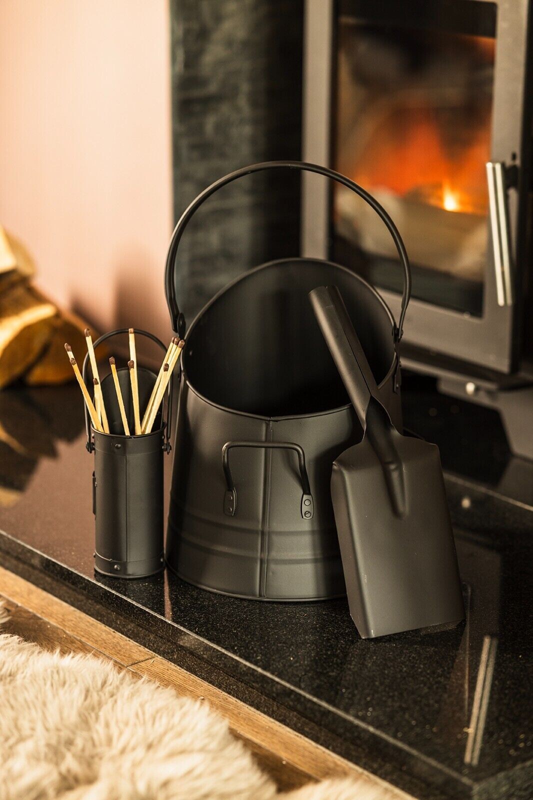 Fireside Coal Bucket Shovel Matchstick Holder Black Accessory Set Kindling Log