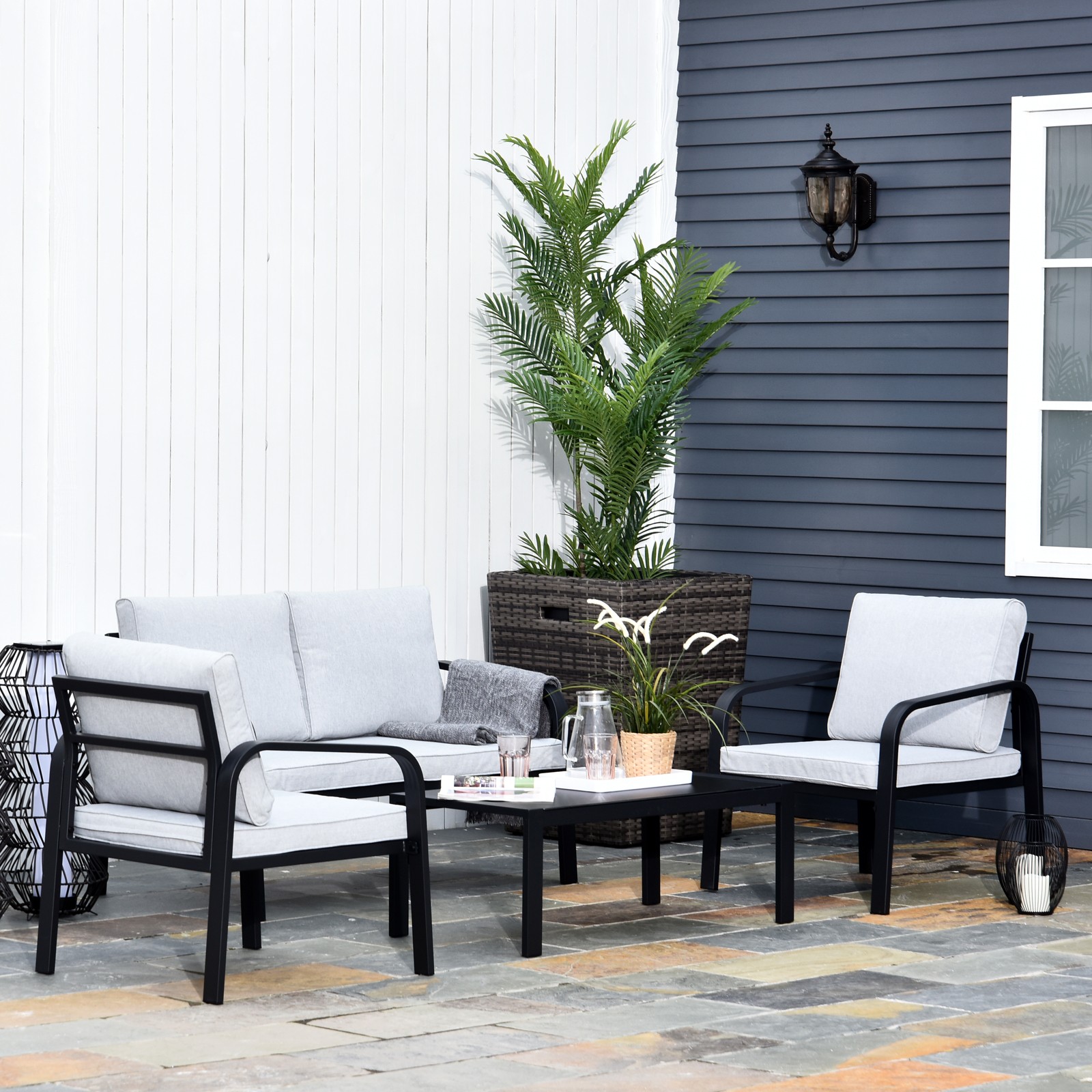 4 Pcs Aluminium Garden Dining Set w/ 2 Chairs,Glass Top Table,Cushions Black