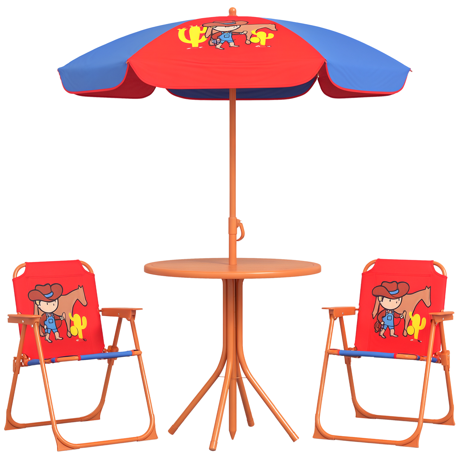 Outsunny Kids Bistro Table and Chair Set w/ Cowboy Theme, Adjustable Parasol