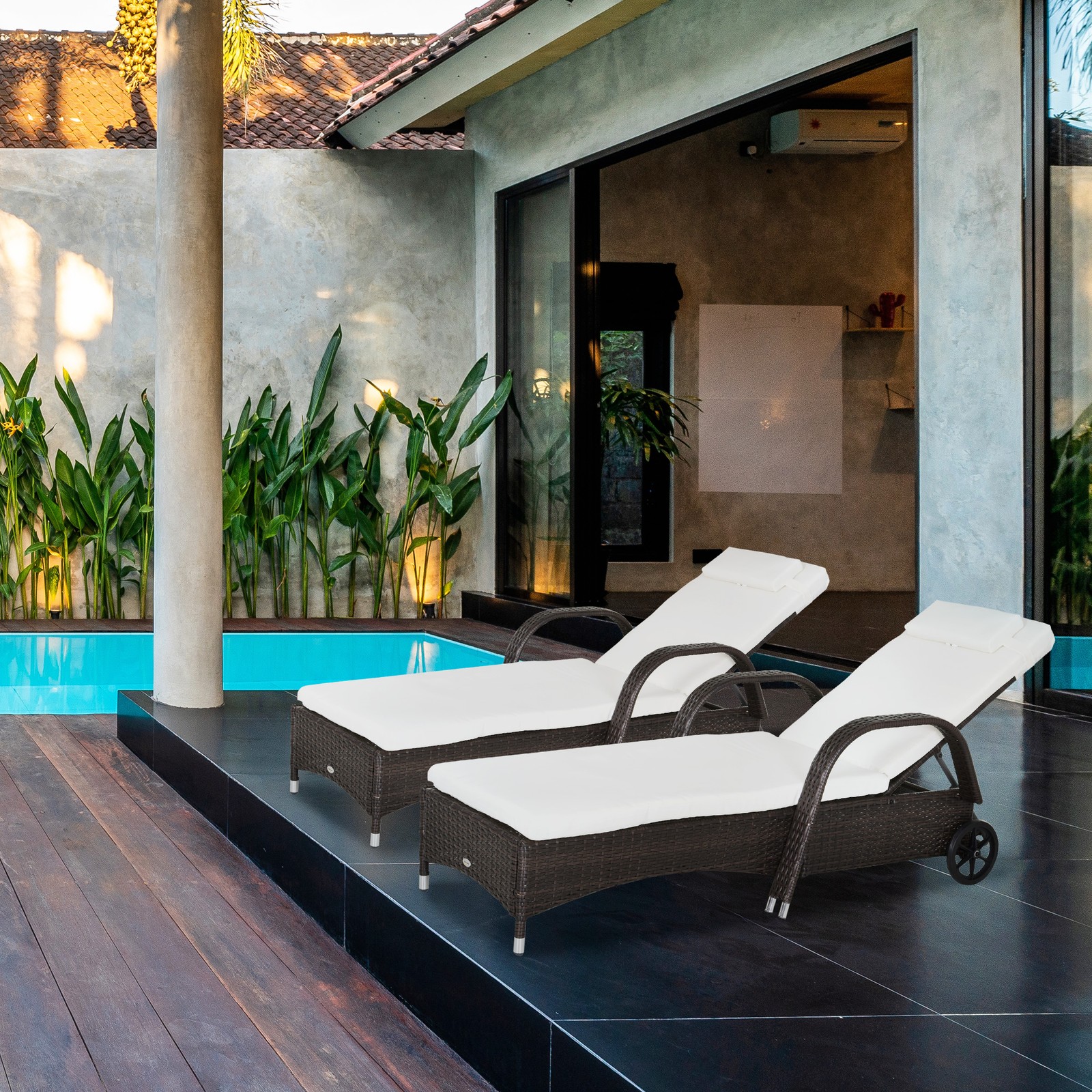 2PC Adjustable Rattan Sun Lounger Outdoor Recliner w/ Cushion Garden