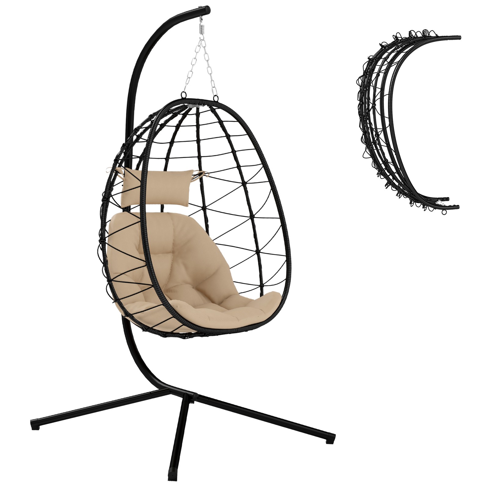 Outsunny Garden Egg Chair Outdoor Hanging Swing Chair, Folding Basket, Khaki