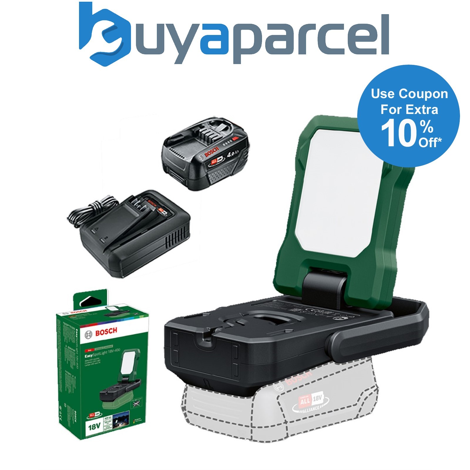 Bosch 06039A1200 Cordless 18v LED Light EasySpotLight 18V-400 USB 4AH Battery