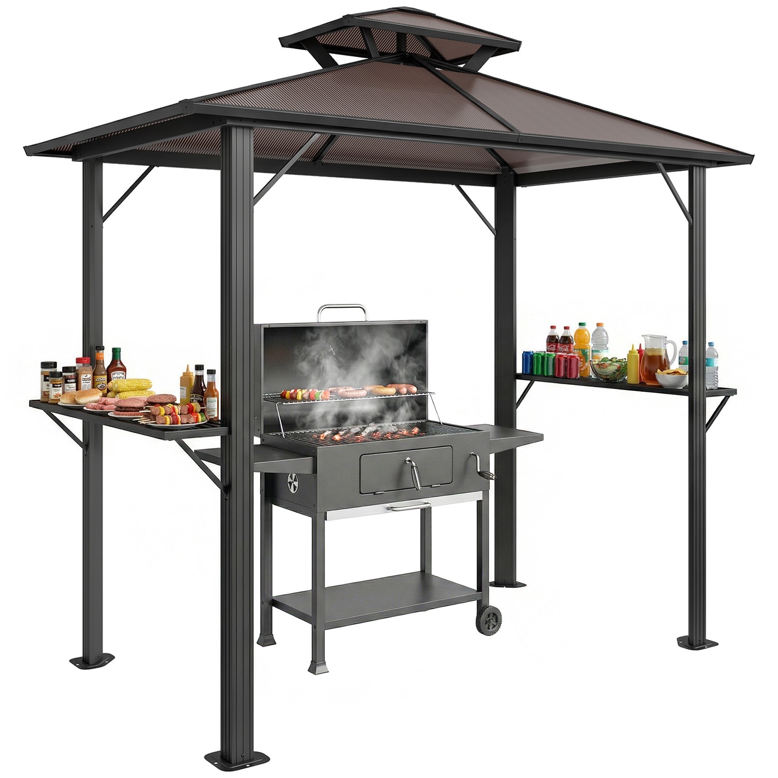 Outsunny 2.5 x 1.5 m Hardtop BBQ Grill Gazebo with Double Roof, Brown