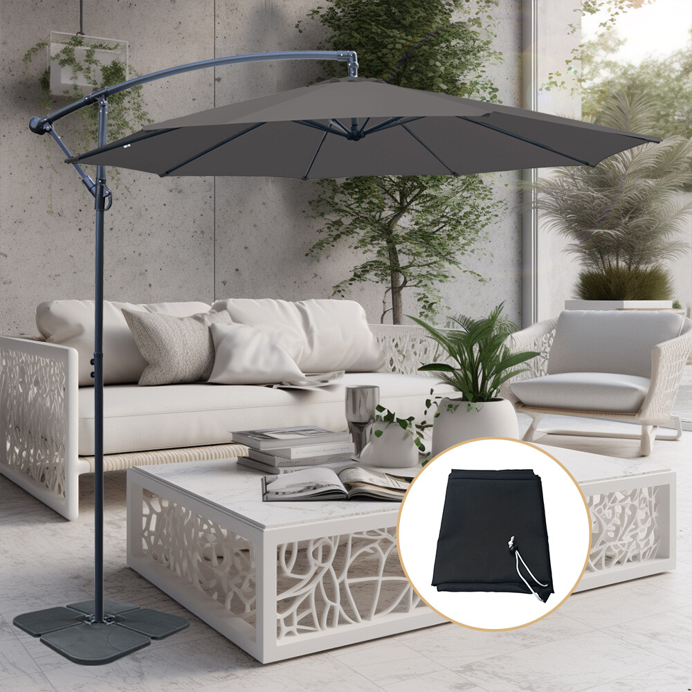 3m Banana Cantilever Umbrella Garden Patio Parasol Sun Shade w/ Base Cover Grey
