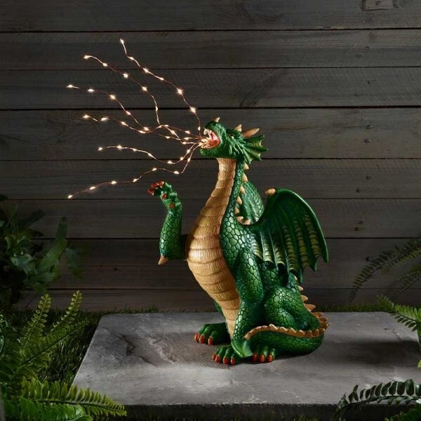 Solar LED Garden Ornament Large Dragon Breath Mystical Outdoor Lighting Decor