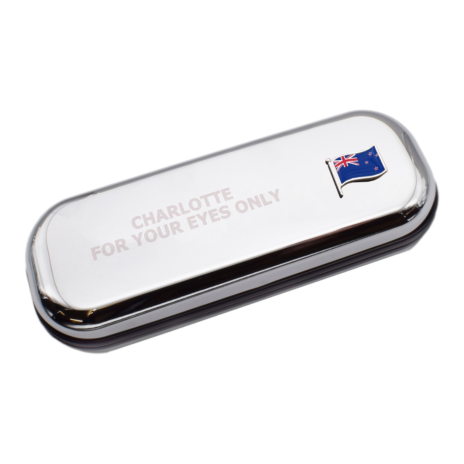 New Zealand Wave Flag & Engraved With Message Chromed Glasses Case Box