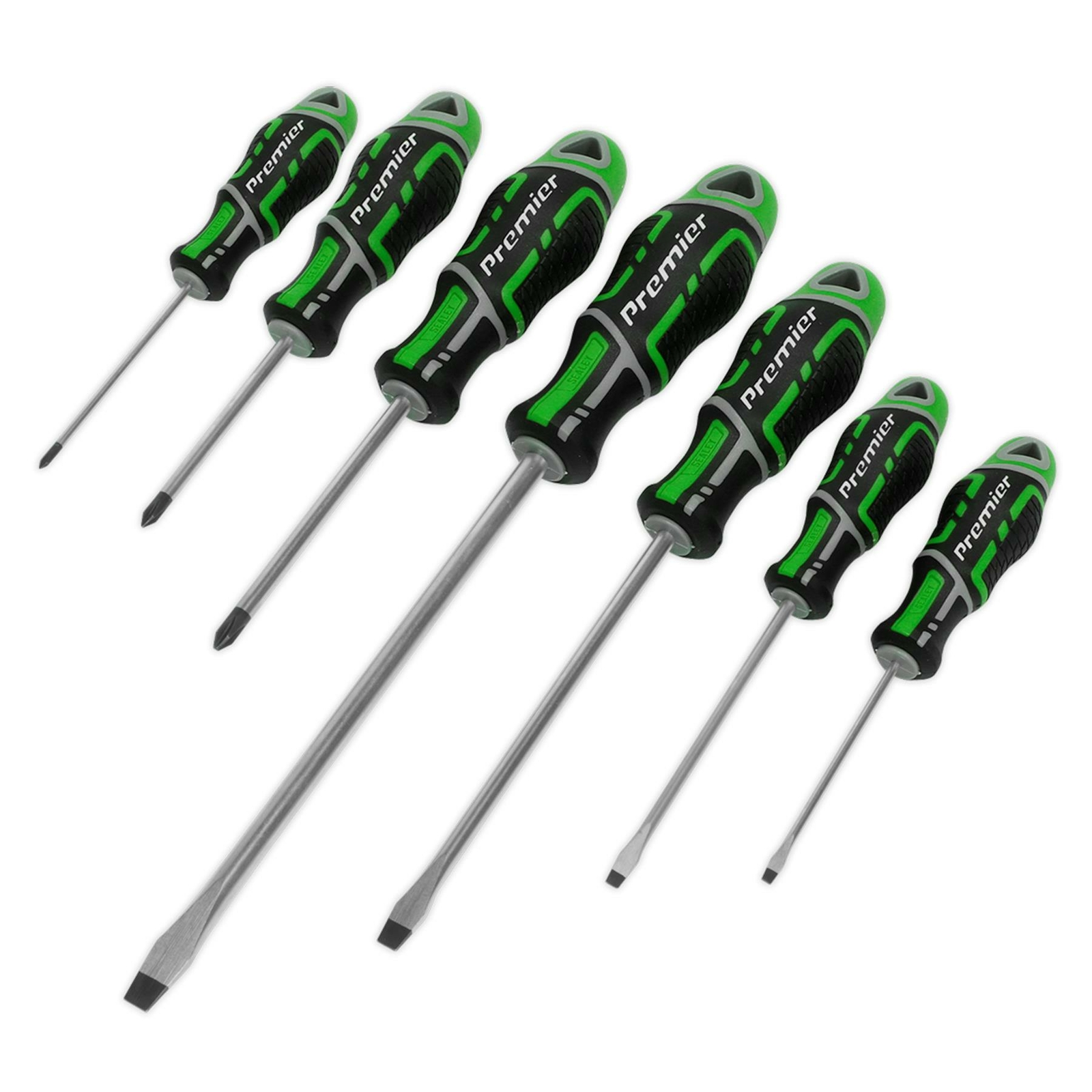 Sealey Slotted Pozi Magnetic Screwdriver Set GripMax 7 pce 75-200mm Hi Vis Green