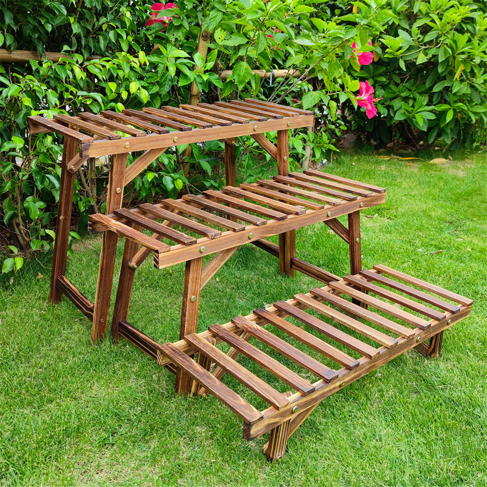 3PCS Wood Plant Stand Ladder Bench Flower Shelf Planter Organizer Entryway Yard