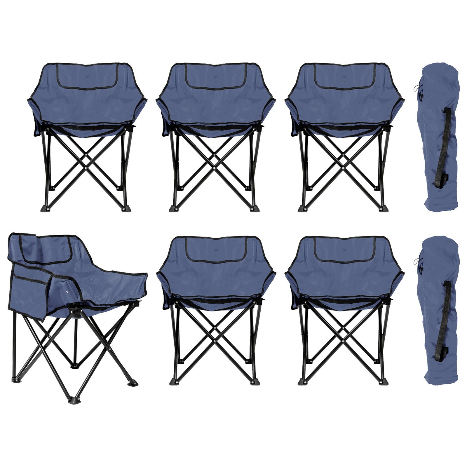 6x Premium Folding Camping Chairs with Pockets & Carry Bag Navy Portable Seat