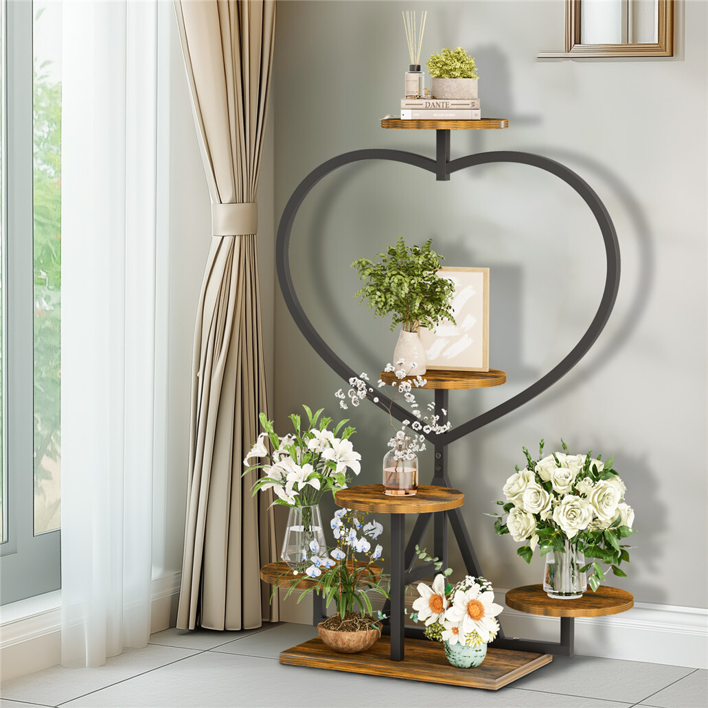 5-Tiered Industrial Plant Stand Flower Display Rack W/Heart-shape Planter Holder