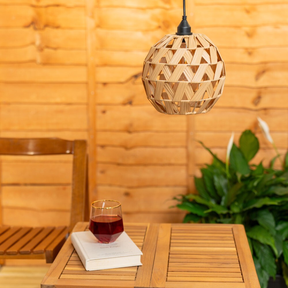 Battery Operated Outdoor Natural Rattan Ball Hanging Pendant Lamp Garden Light