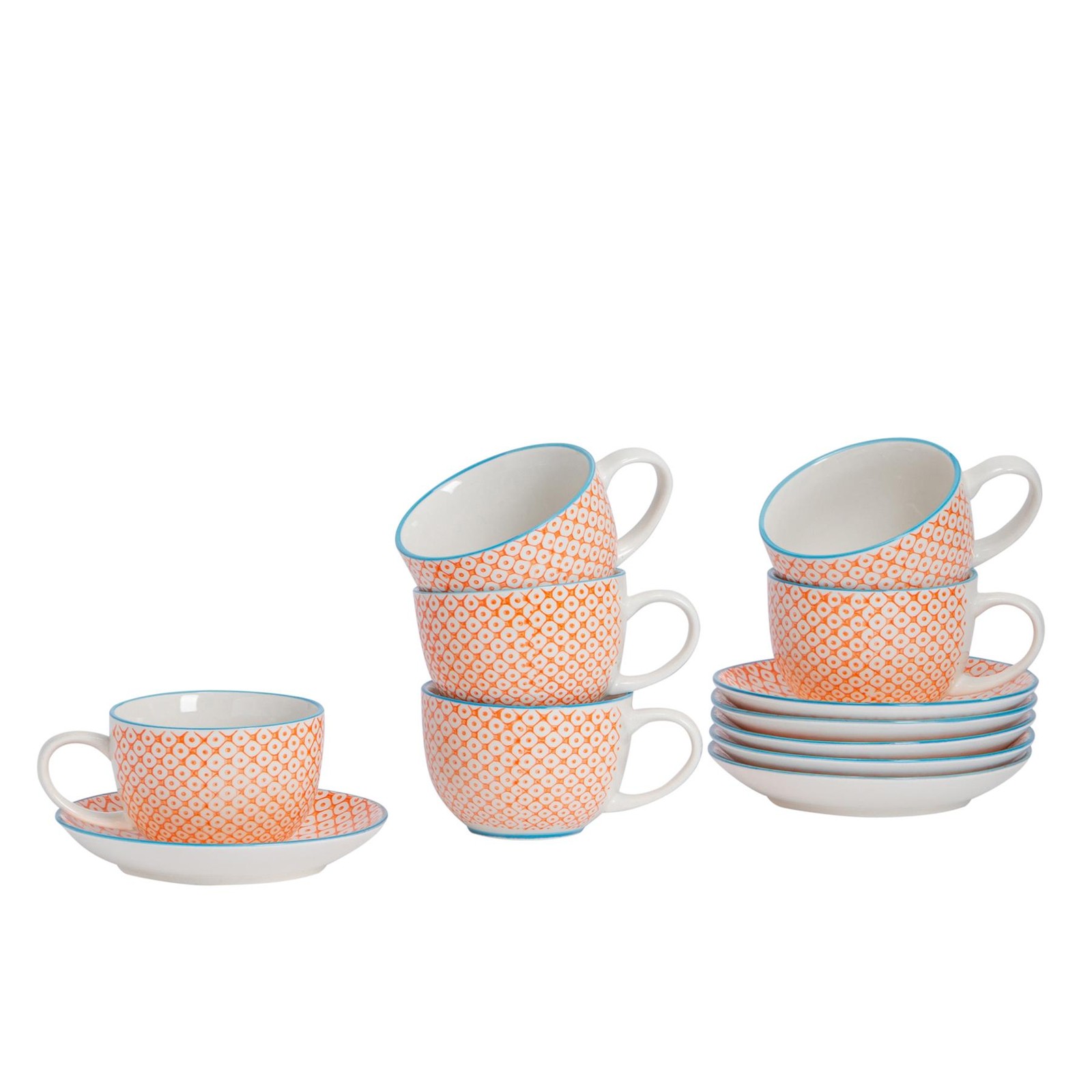 12 Piece Hand-Printed Cappuccino Cup & Saucer Set Tea Coffee Cups 250ml Orange