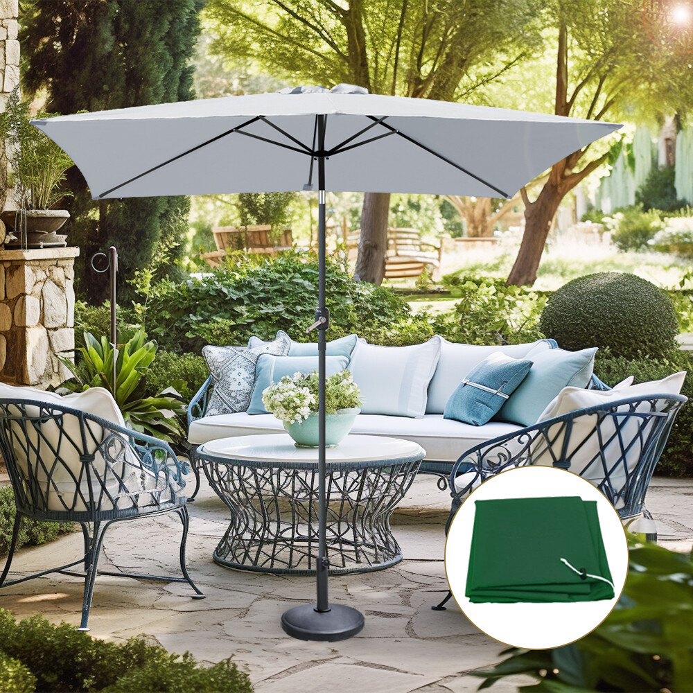 2x3m Garden Parasol Grey Rectangular Outdoor Umbrella Crank Tilt w/ Base Cover