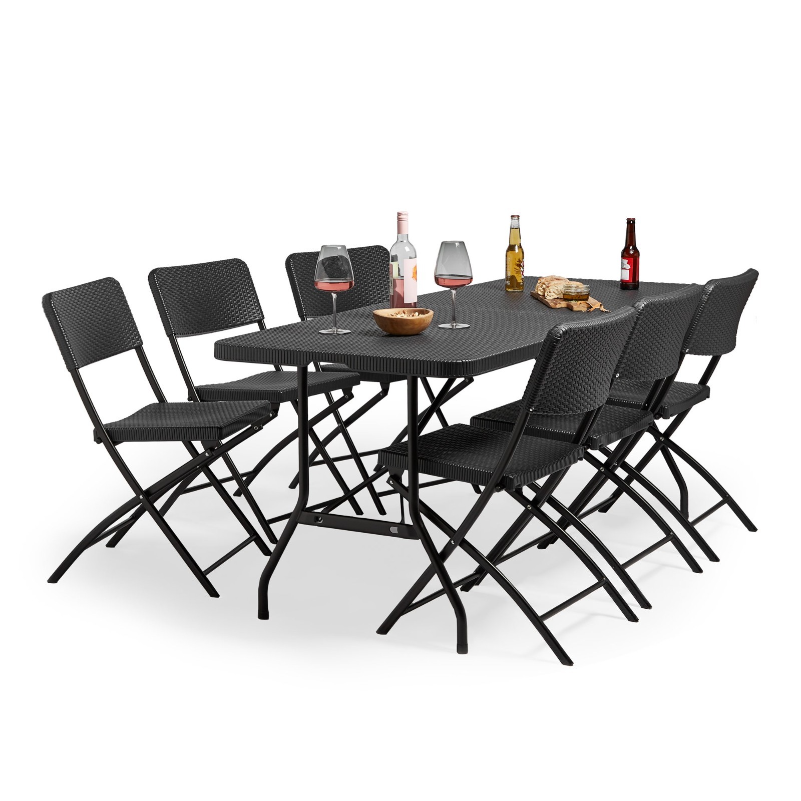 Folding Garden Dining Set, Black Outdoor Table & 6 Chairs, Vonhaus