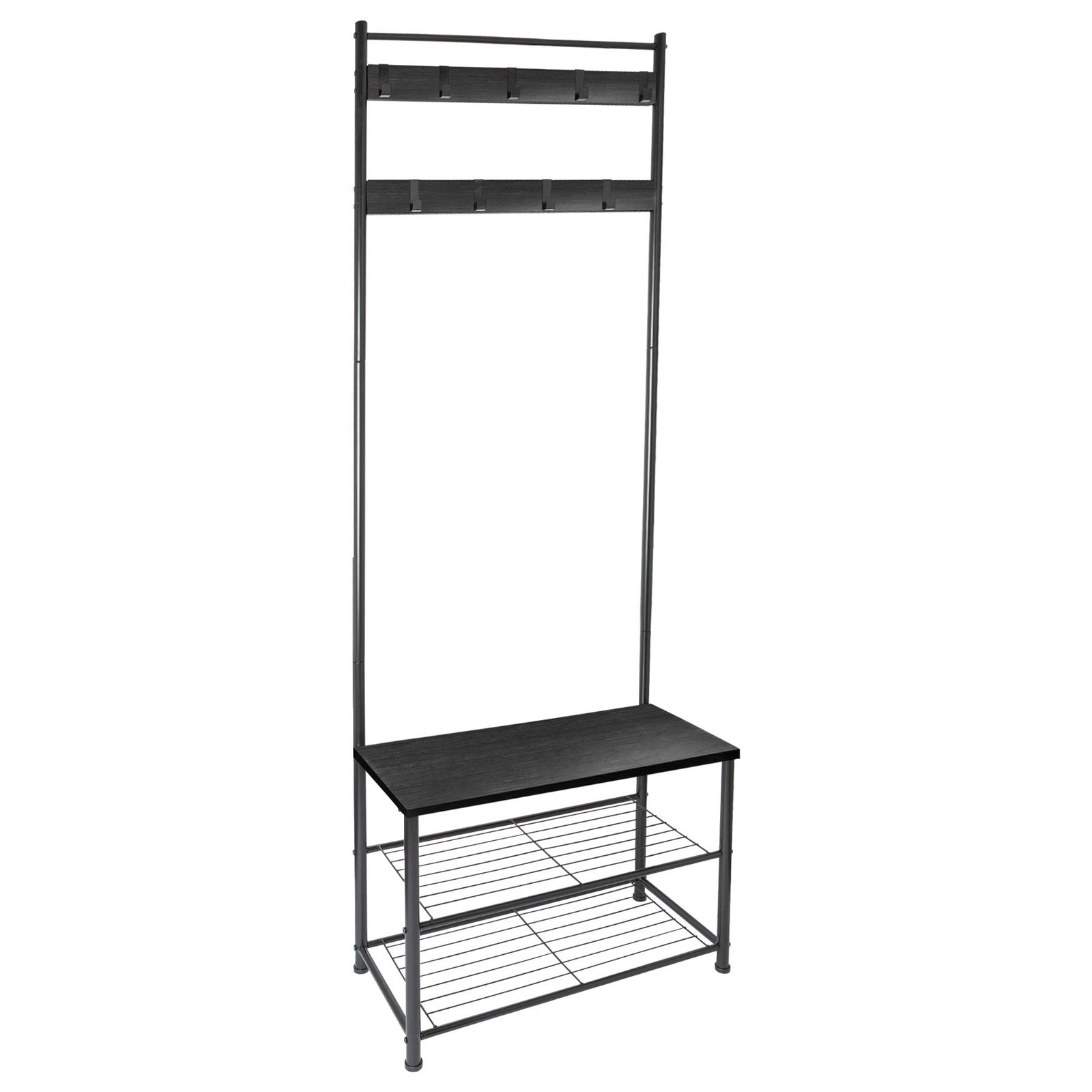 1x Steel Coat Rack with Shoe Storage Bench Square Clothes Hat Stand Black/Black