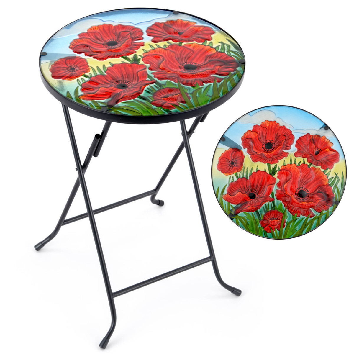 Folding Glass Table Garden Outdoor Patio Decoration Painted Round Top Christow