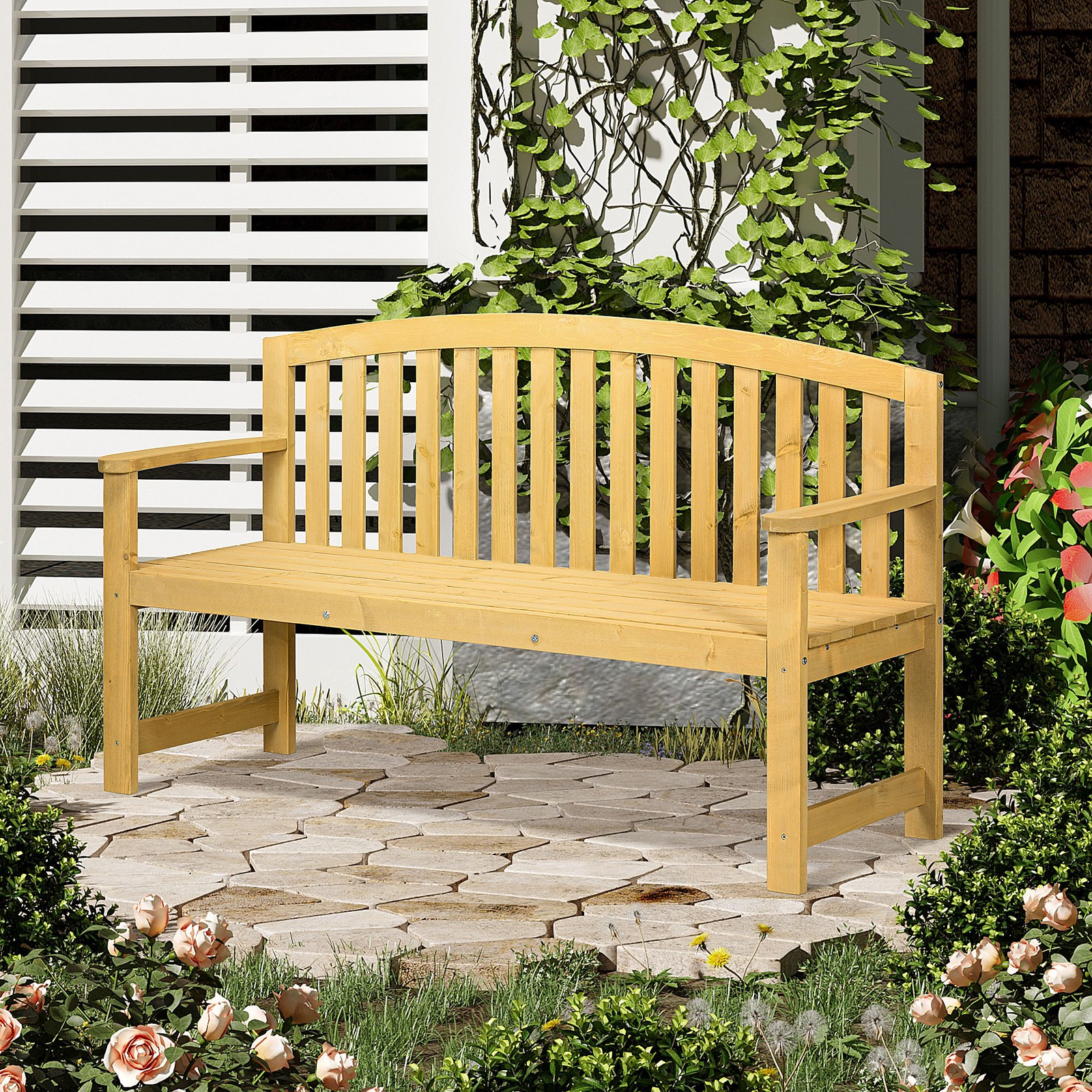 Wooden Garden Bench 2 Seater Slatted Seat with Arm for Park Patio Orange