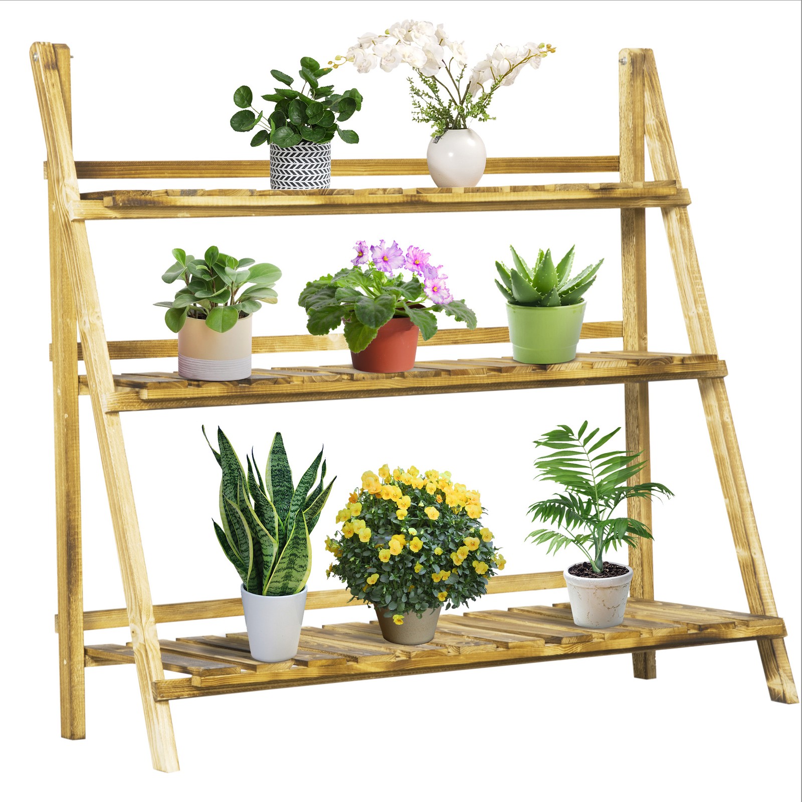 Outsunny Flower Stand Plant Display Rack 3-Tier Foldable Wood Garden Patio