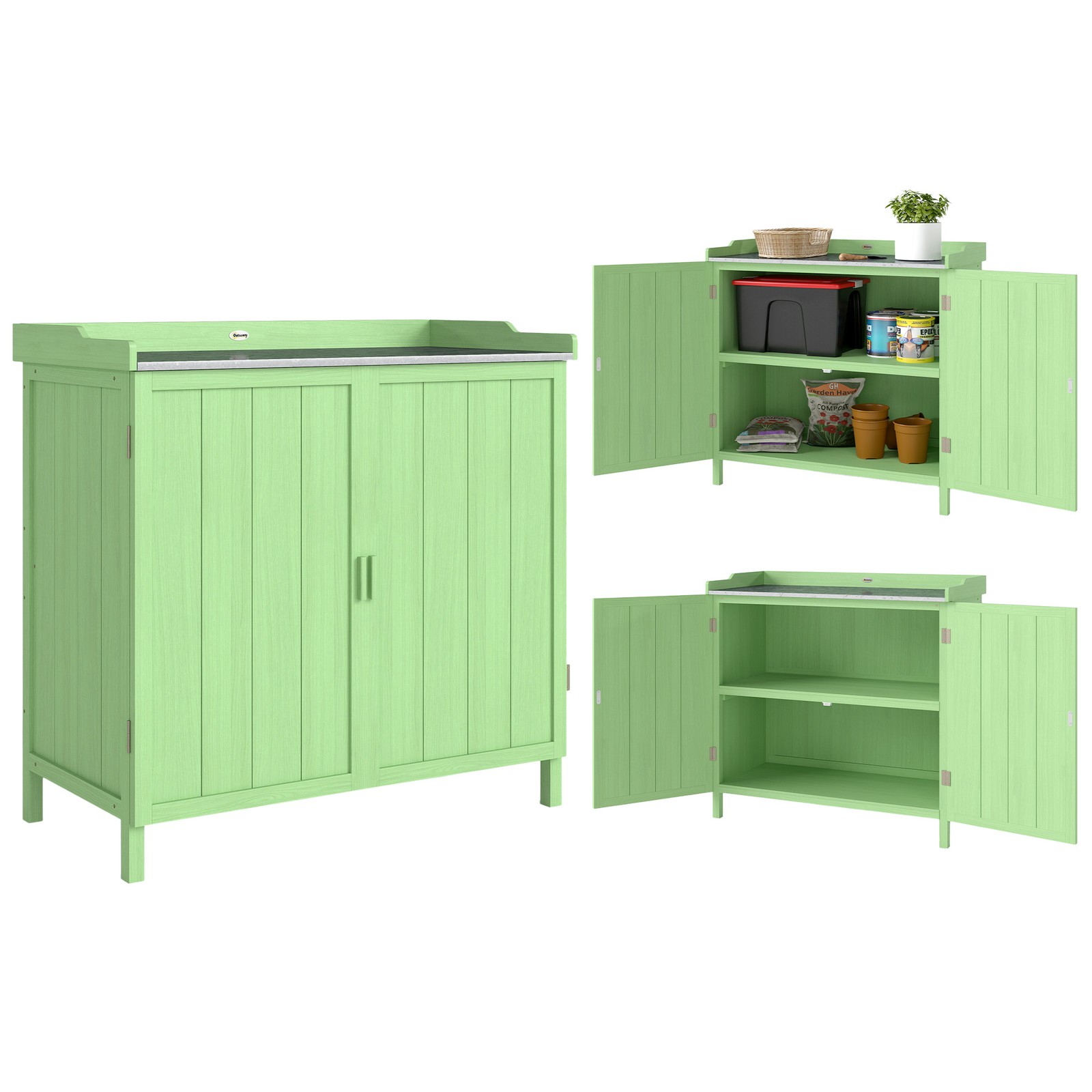 Outsunny Garden Storage Cabinet Potting Bench Table W/ galvanised Top Green