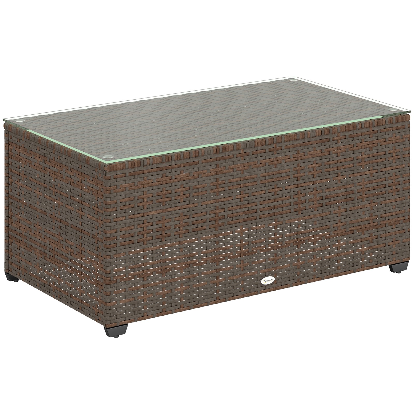 Outsunny Outdoor Coffee Table, Glass Top Rattan Side Table, Brown