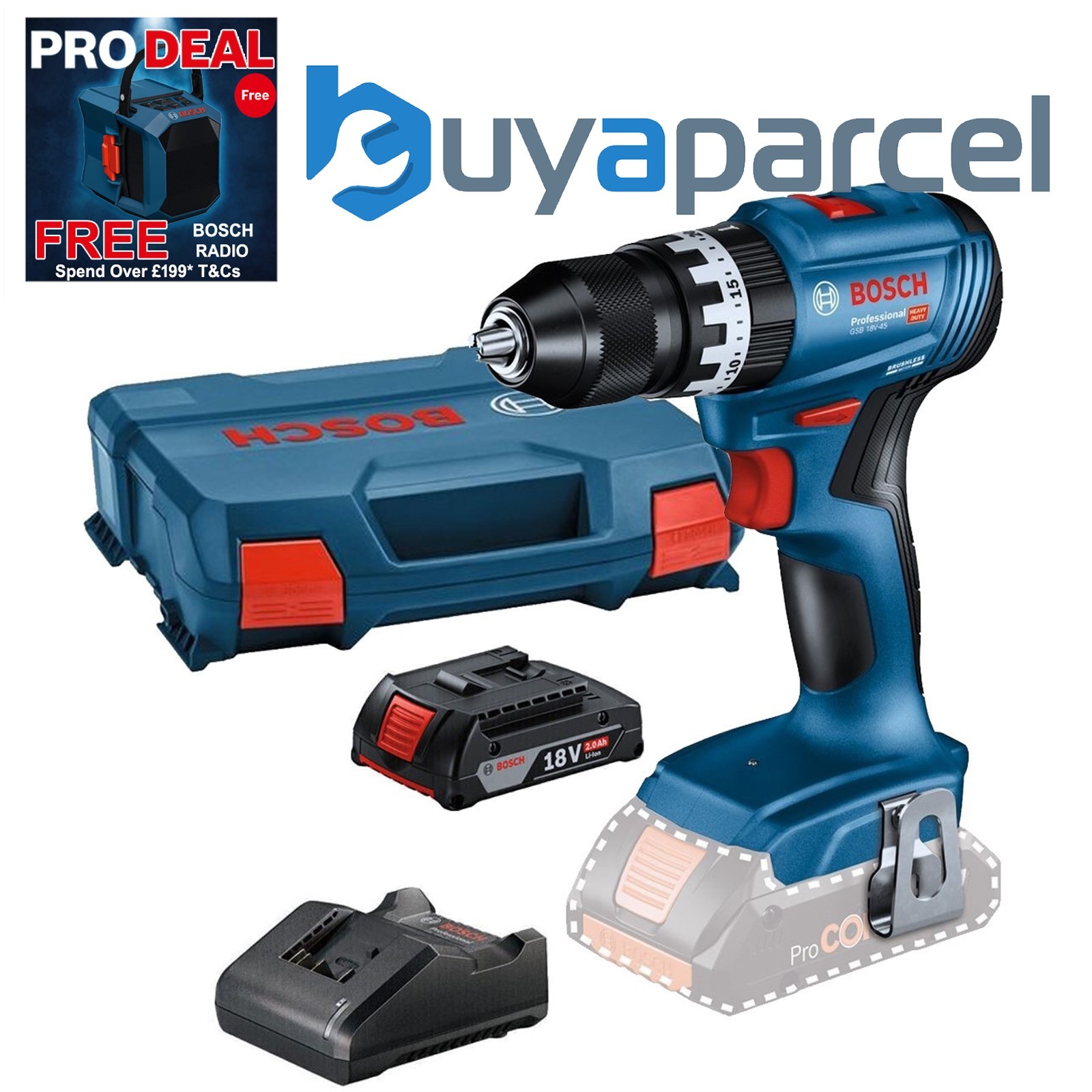 Bosch 18v GSB 18V-45 Brushless Combi Hammer Drill 1 x 2.0ah Battery + Case