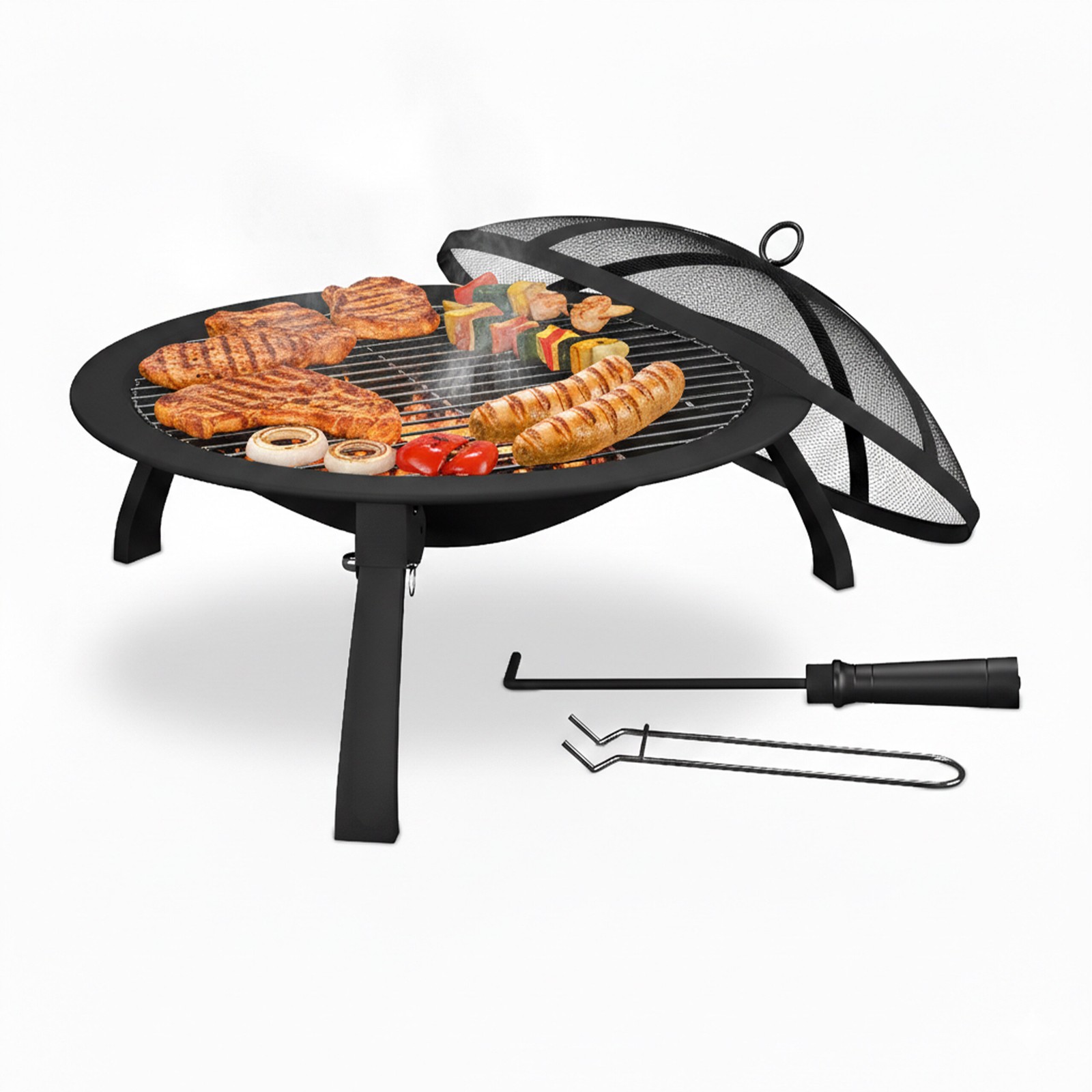Fire Pit Grill Barbecue Basket Bowl Garden BBQ Spark Guard Poker Outdoor Black