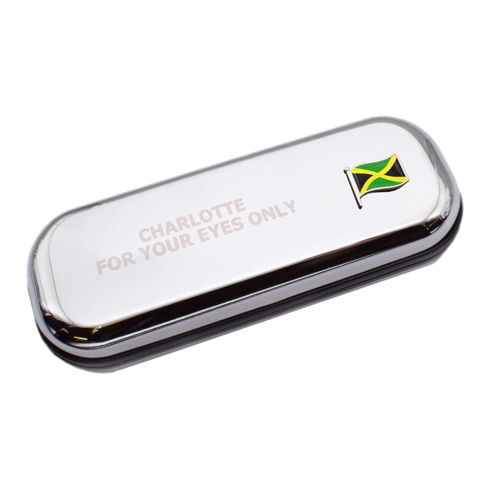 Jamaica Wave Flag & Engraved With Message Chromed Glasses Case Box