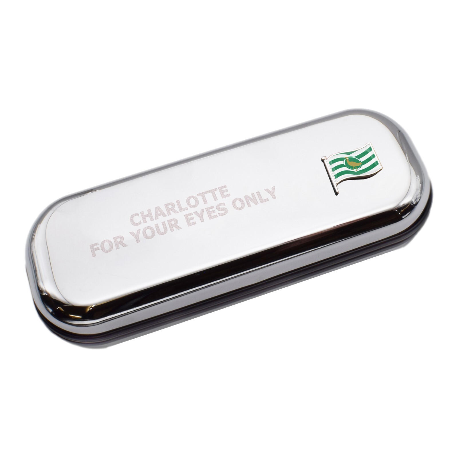 Wiltshire Wave Flag & Engraved With Message Chromed Glasses Case Box