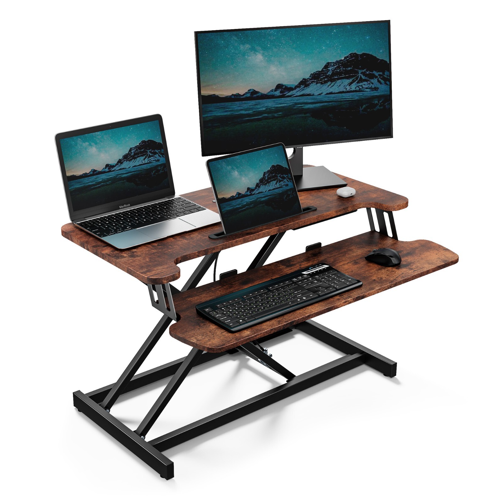 VonHaus Standing Desk Converter, Height Adjustable Dark Wood Workstation