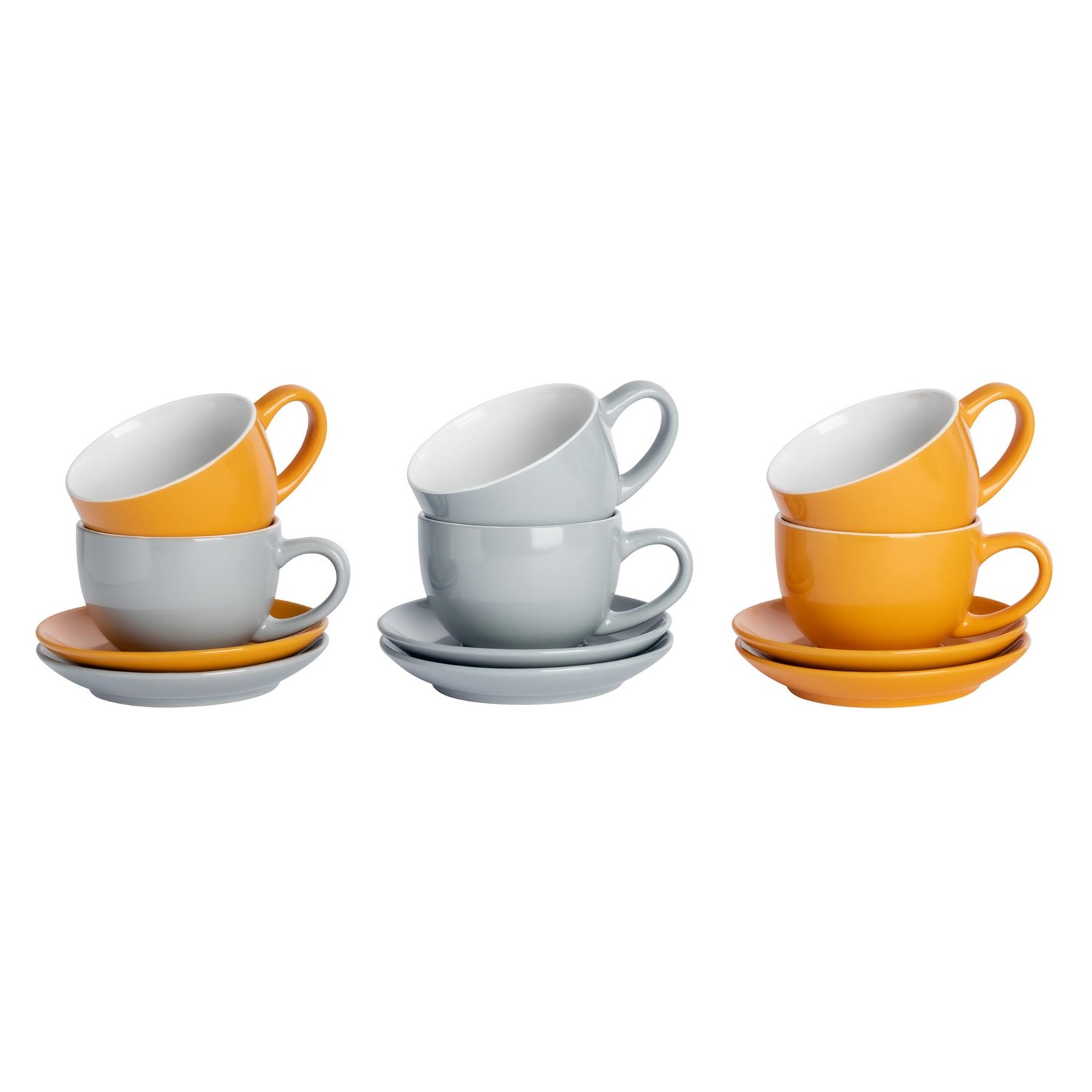 12 Piece Coloured Cappuccino Cup & Saucer Set Tea Coffee Cups 250ml Grey/Yellow