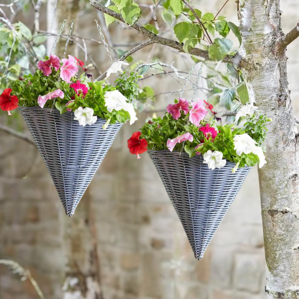 Garden Hanging Basket Cone 2x 14'' Grey Rattan Pre Lined 7L Flower Plant Planter