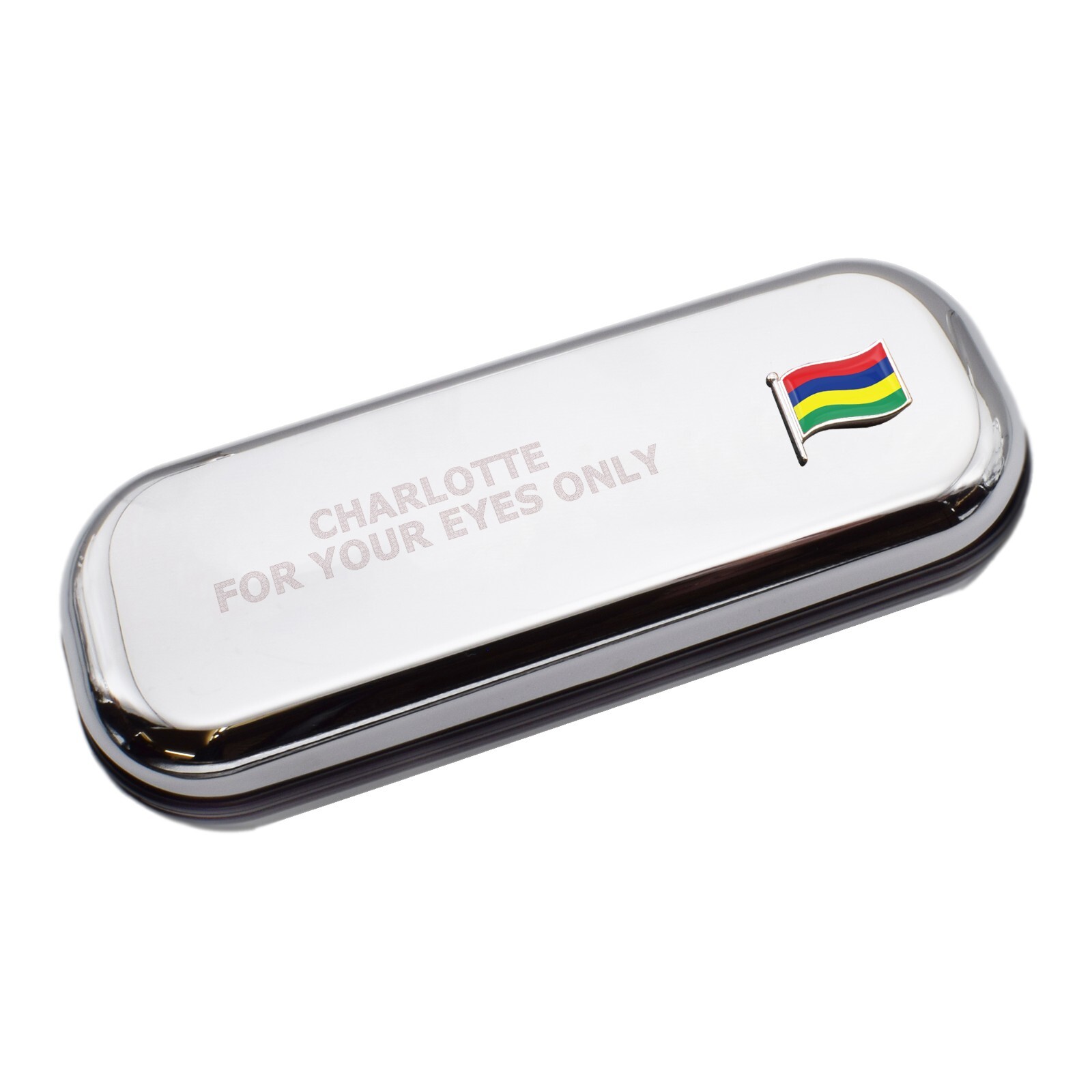 Mauritius Wave Flag & Engraved With Message Chromed Glasses Case Box