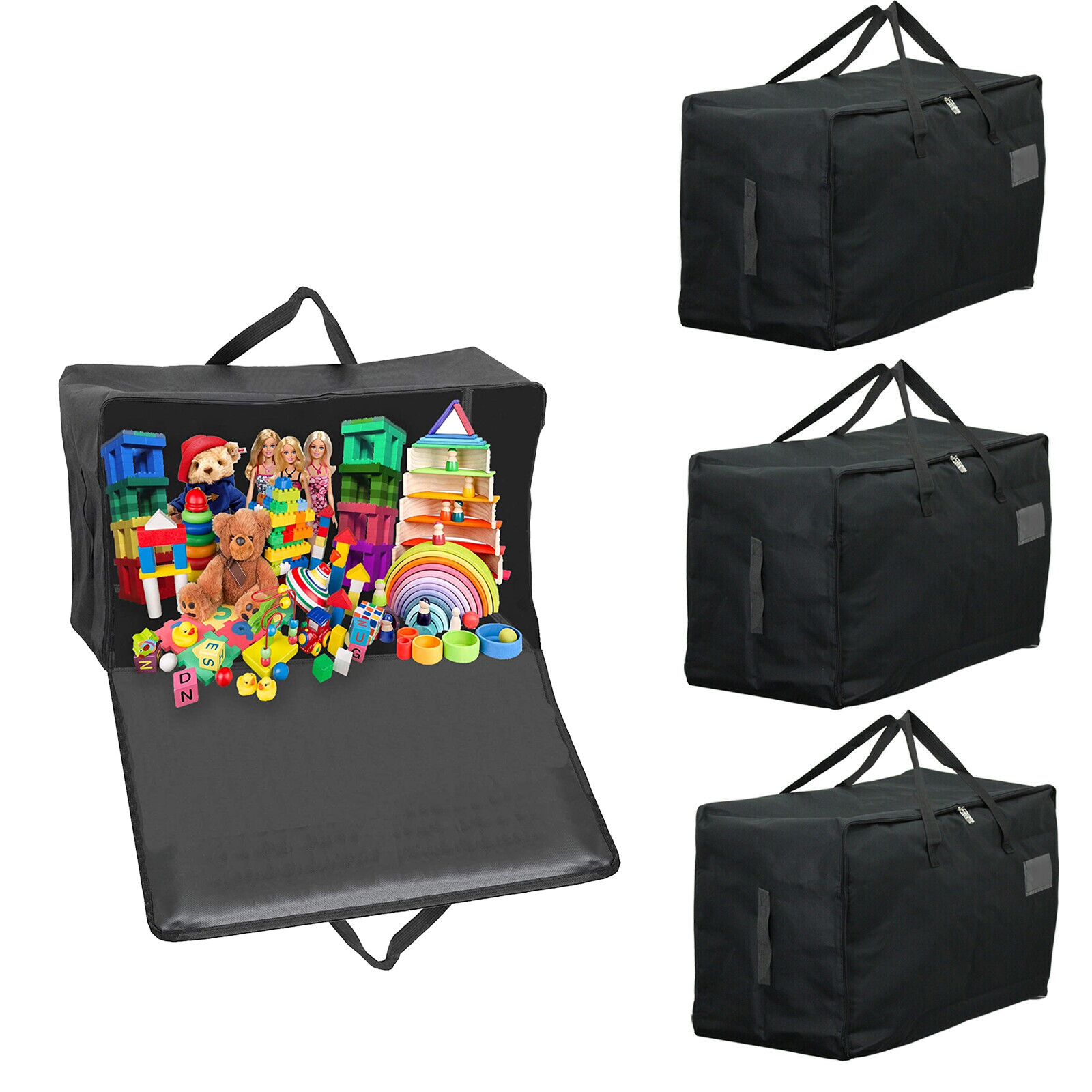 Large Canvas Bag Zipped Toy Teddy Bear Storage Organiser Zip Nylon Black 100L x4