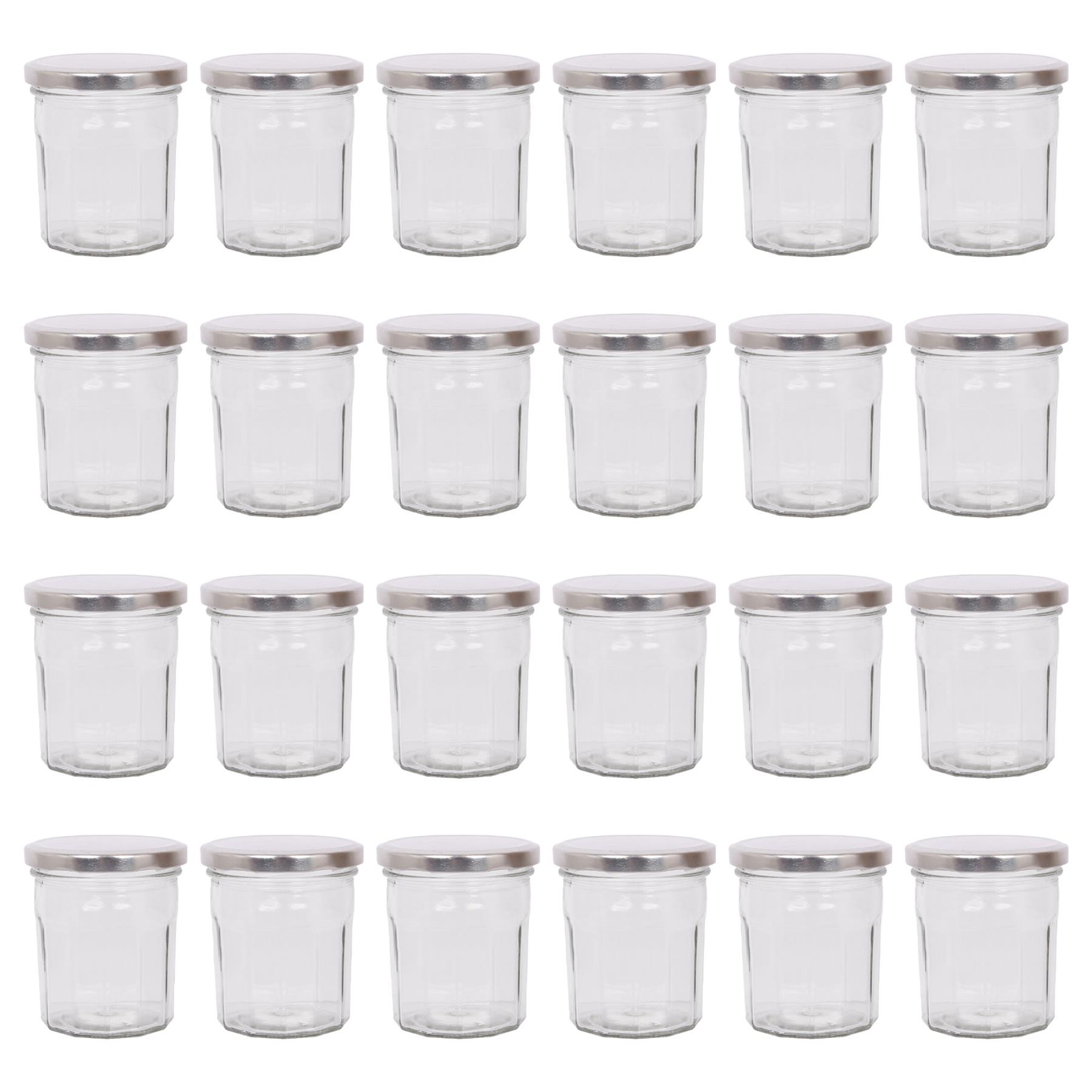 24x 250ml Glass Jam Jars with Silver Lids Chutney Preserve Honey Pickle Storage