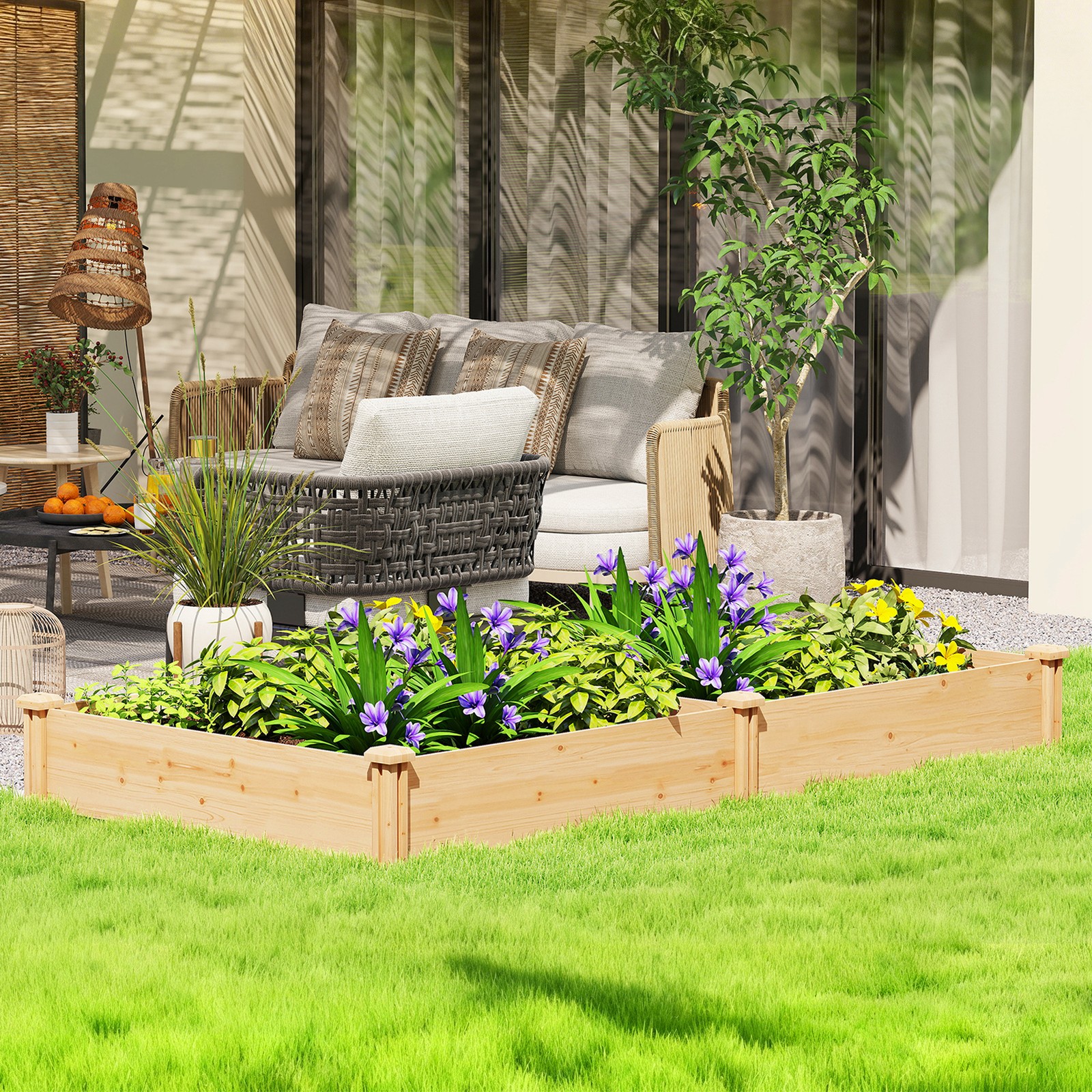 Wooden Raised Garden Bed, Elevated Planter Box with Divider and Open Bottom