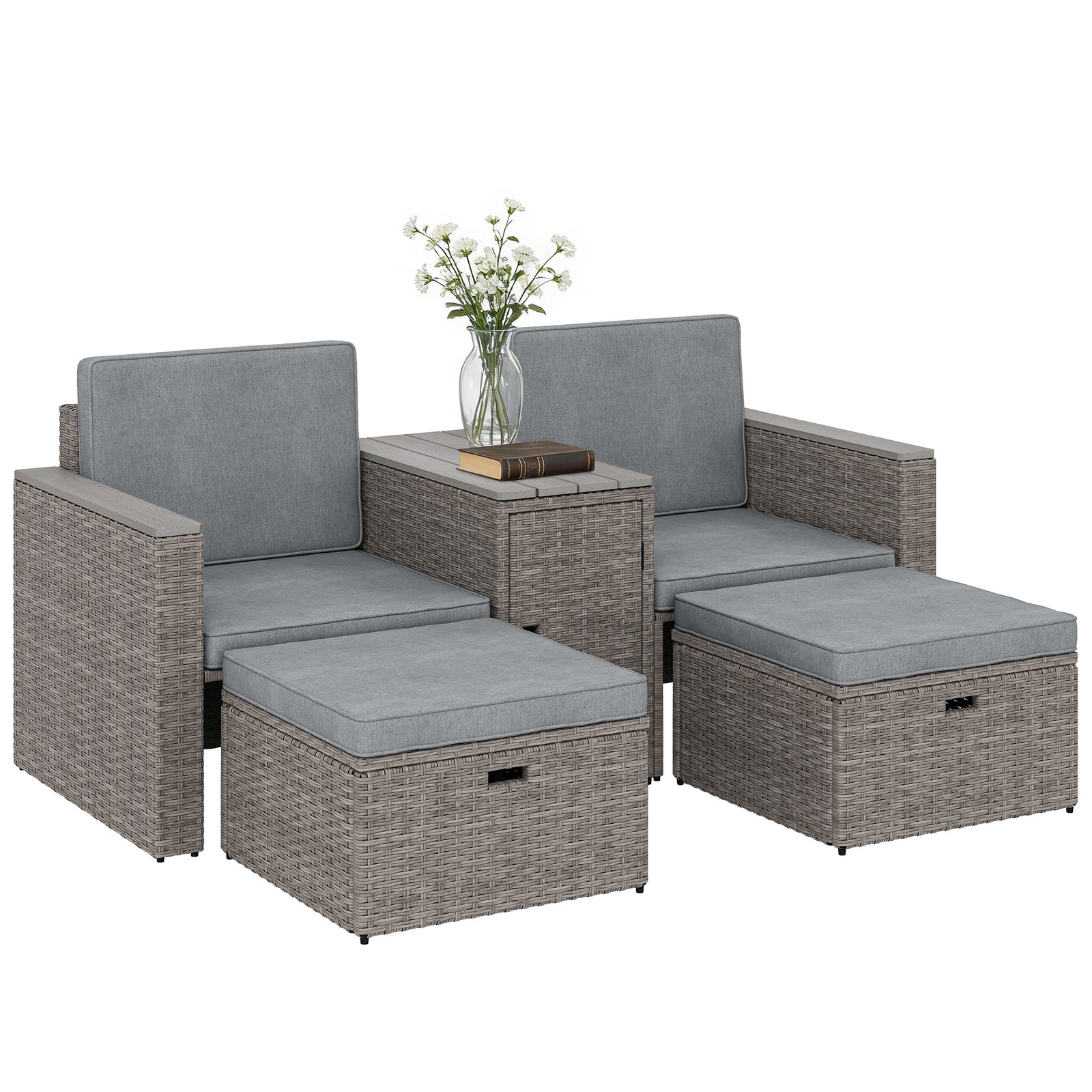 Outsunny 5 Piece Rattan Garden Furniture Set w/ Storage Table, Dark Grey
