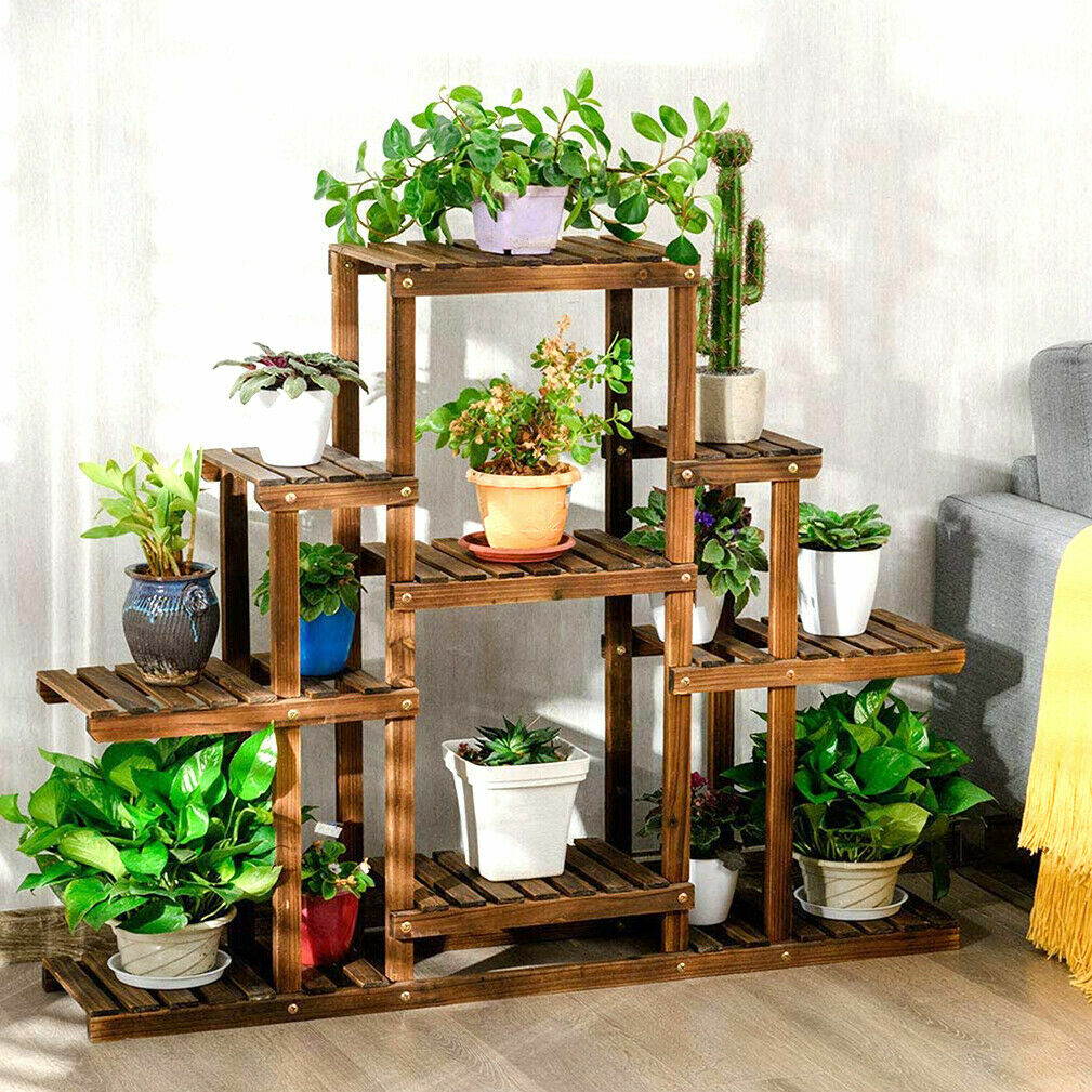 Wood Plant Stand Tall Low Shelves Flower Pot Rack Display for Garden Lawn Patio