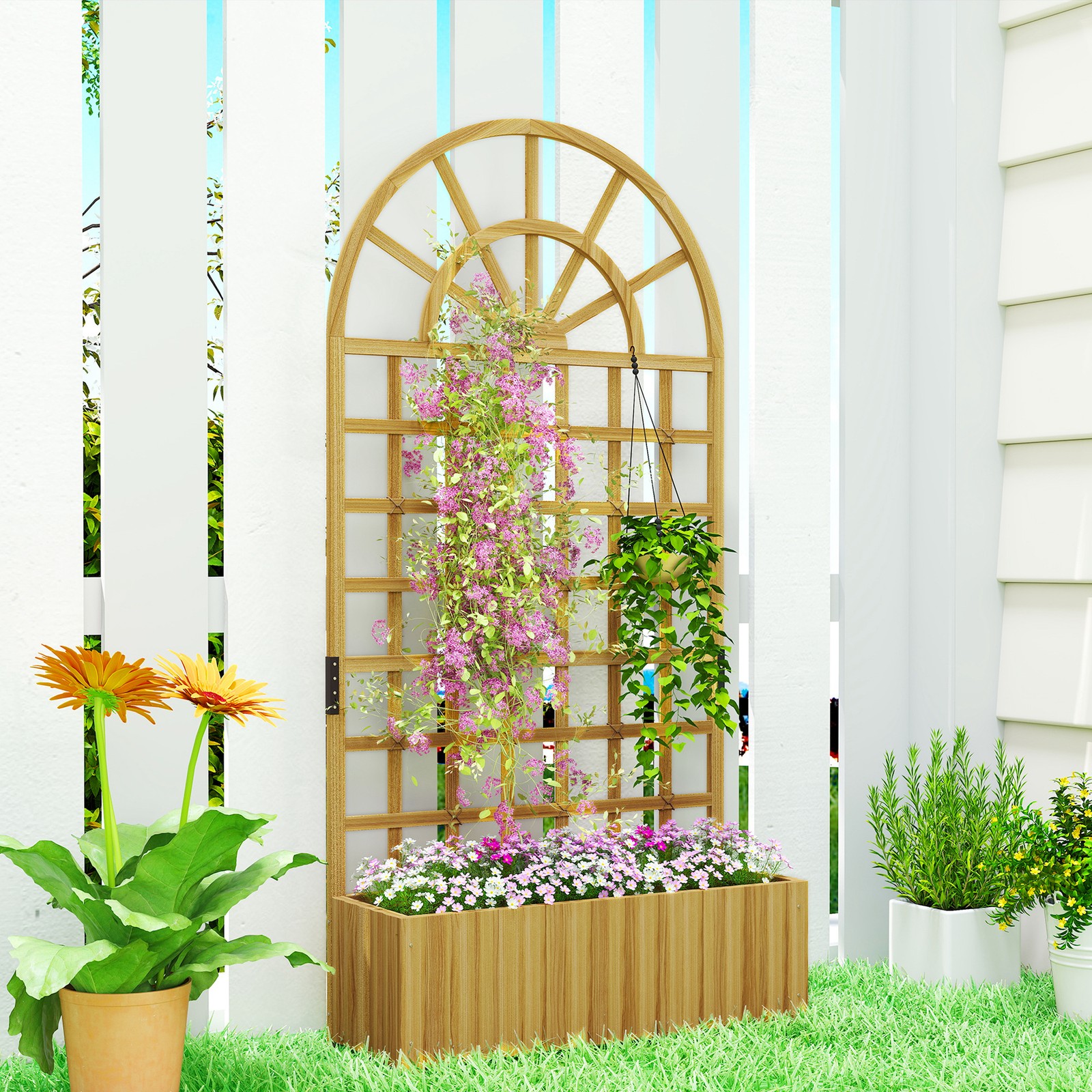 Wooden Raised Planter with Lattice Trellis for Climbing Plants Flowers Herbs