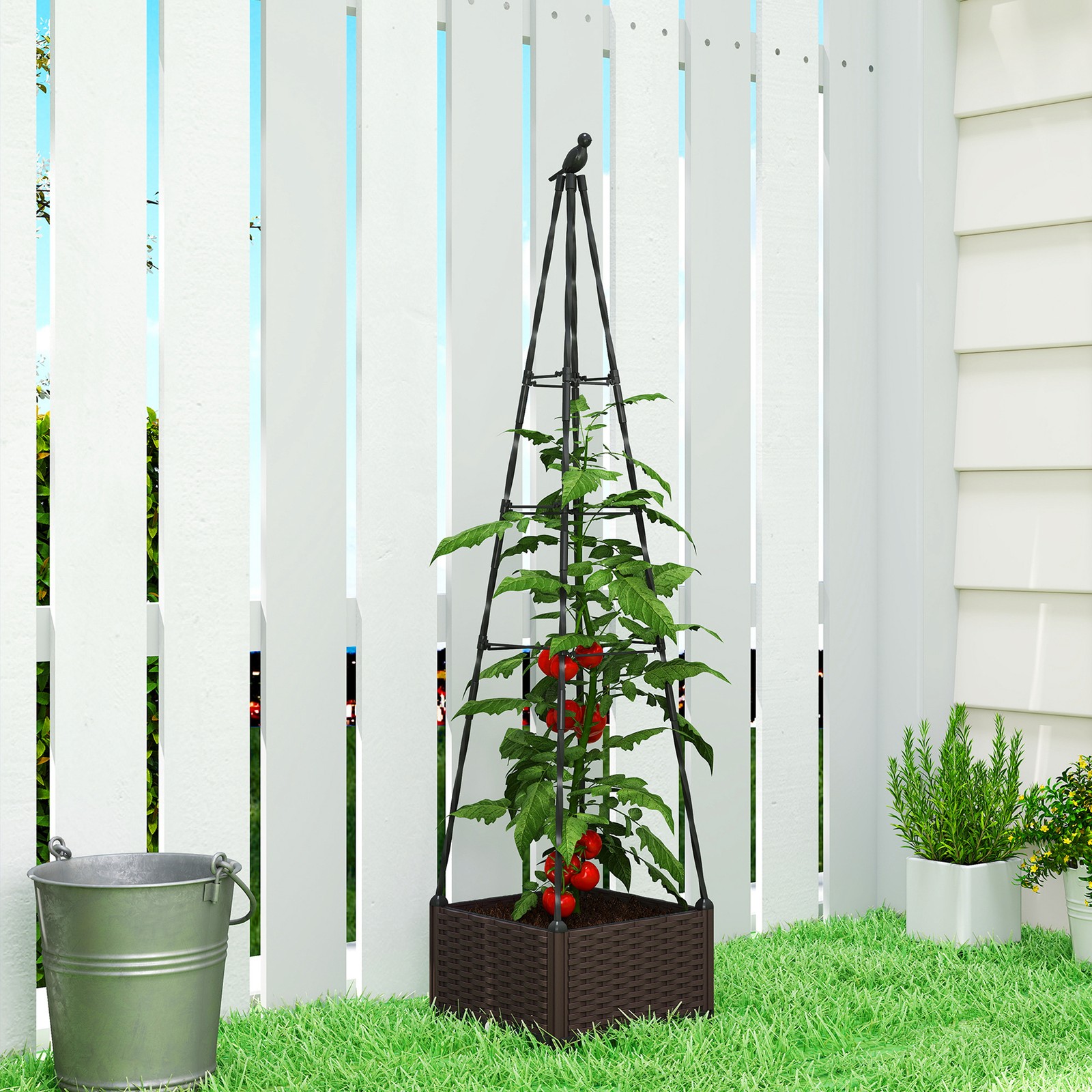 Planter with Trellis and Self Watering, Tomato Cage for Climbing Plants Flowers