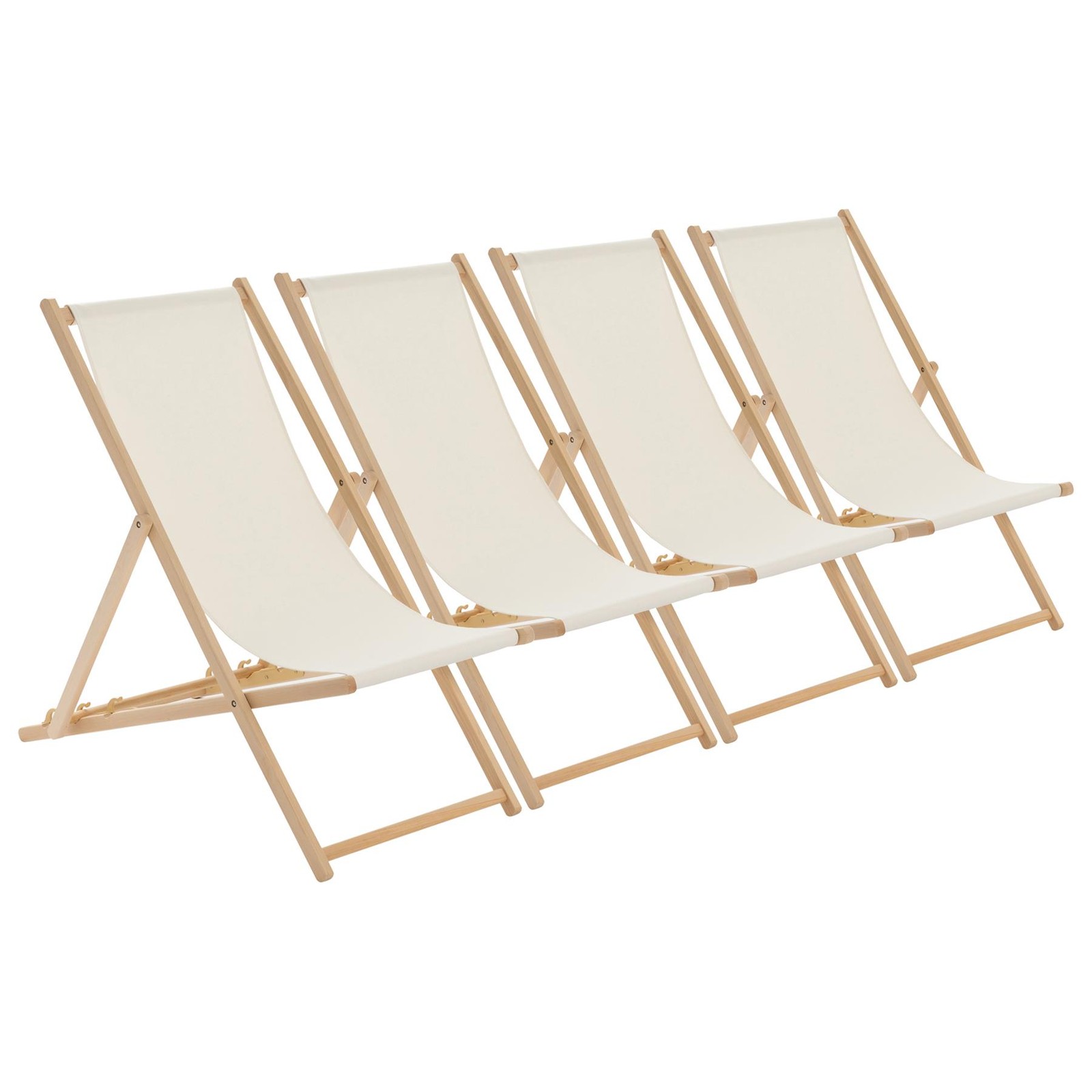 4x Folding Wooden Deck Chairs Adjustable Reclining Canvas Beach Lounger Natural