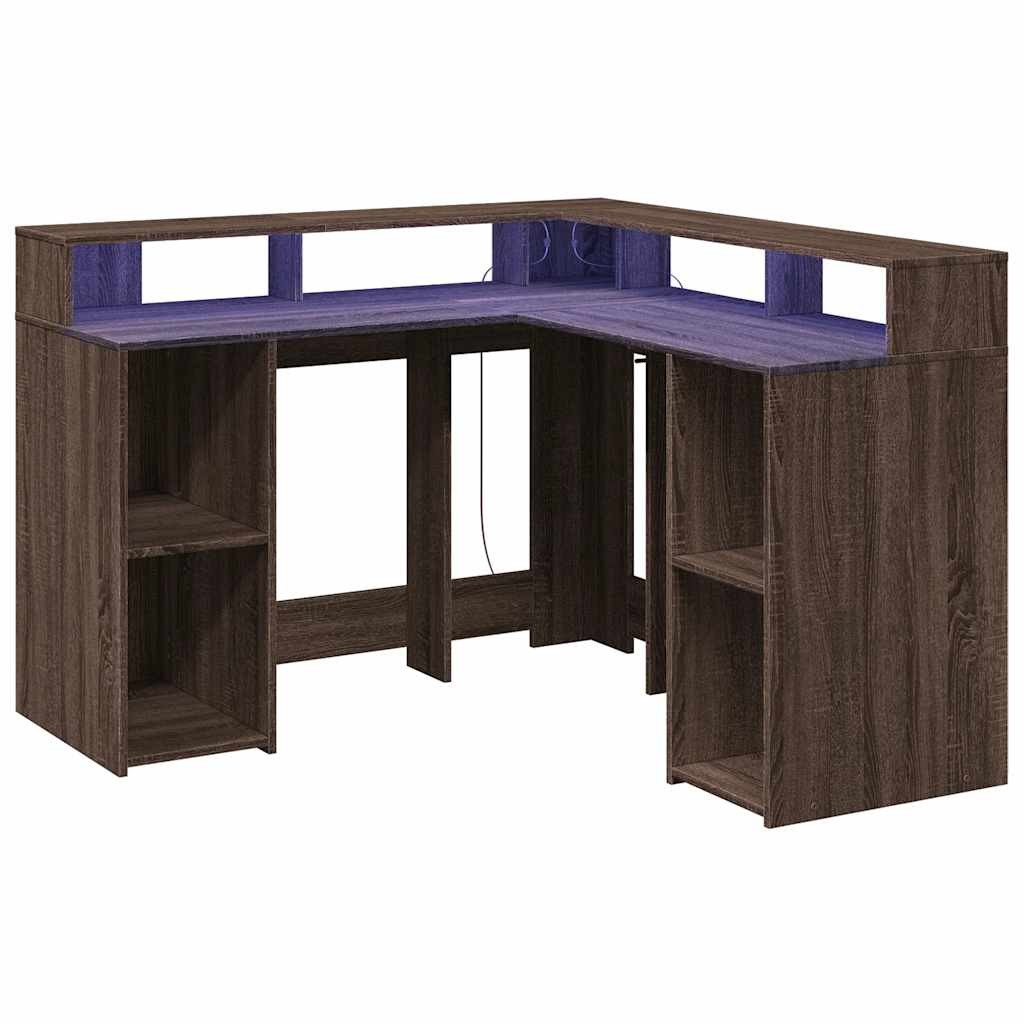 Desk with LED Lights Writing Working Table Brown Oak Engineered Wood vidaXL