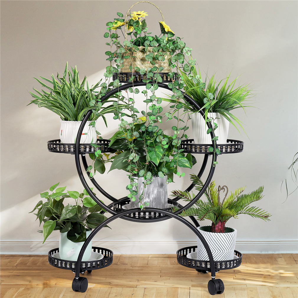 4 Layer 6 Pots Flower Holder Plant Stand Shelf 4-Wheel Free Moving Rack Balcony
