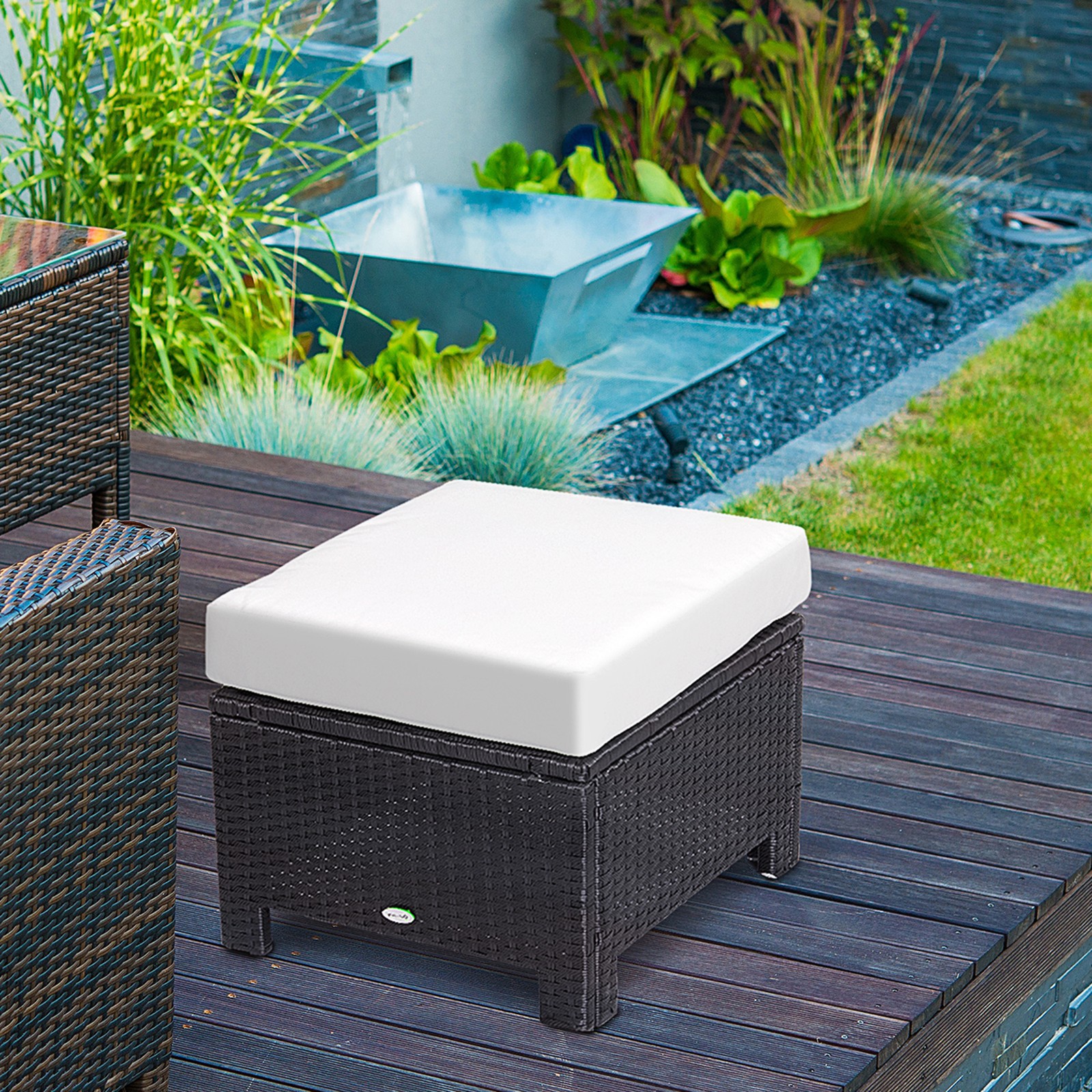 Rattan Aluminum Ottoman Outdoor Garden Furniture Foot Stool Black W/ Cushion
