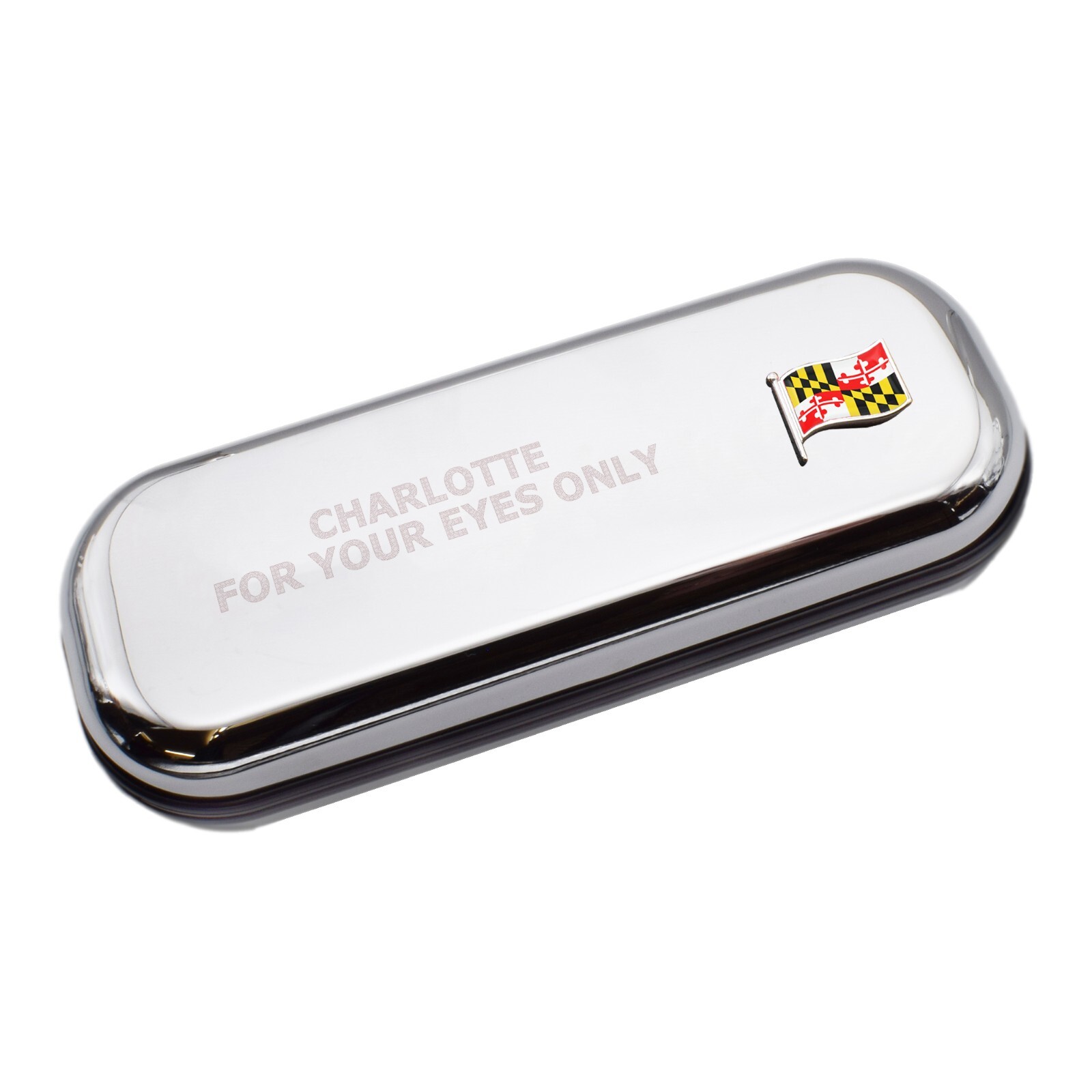 Maryland Wave Flag & Engraved With Message Chromed Glasses Case Box